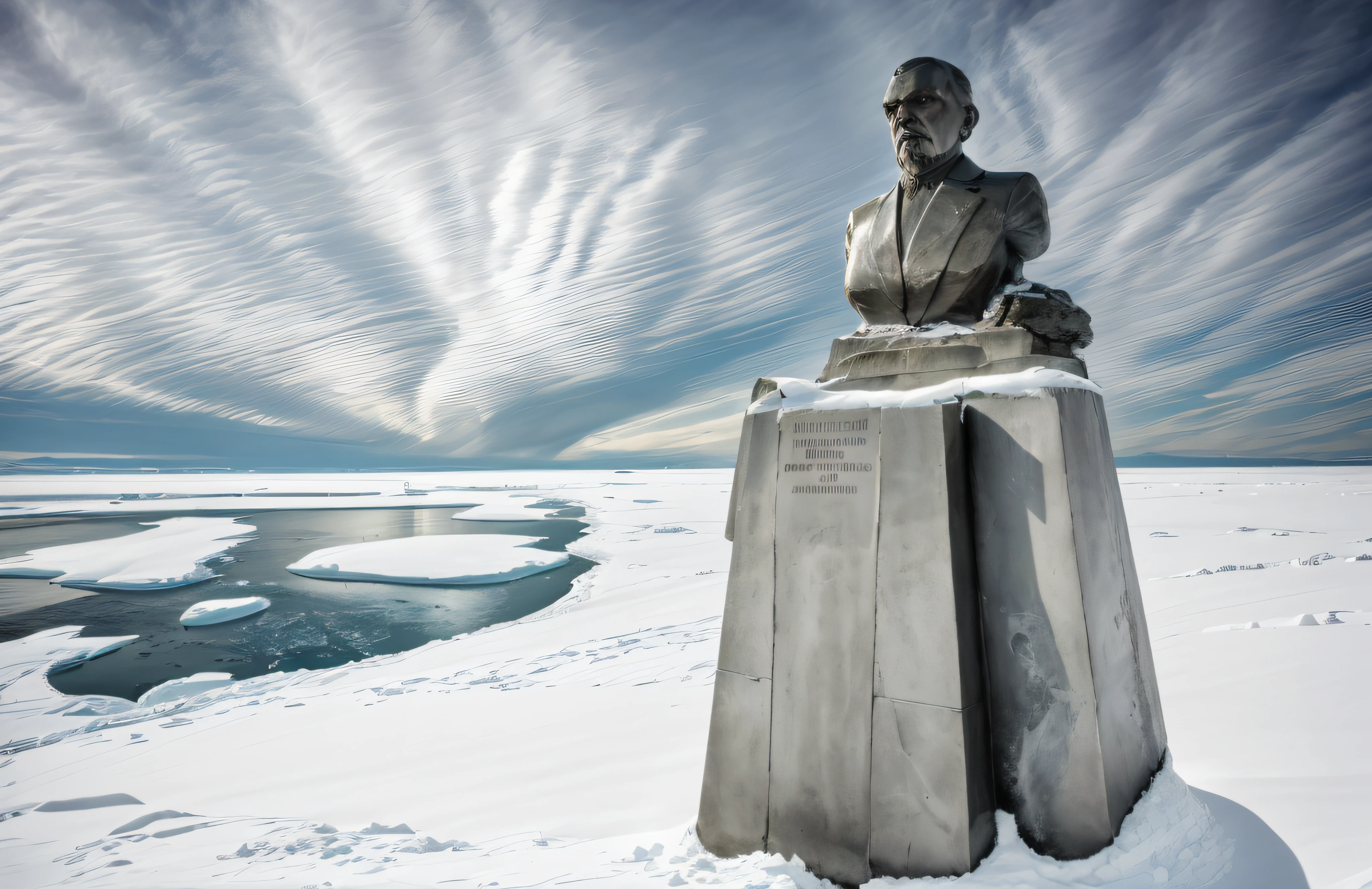 statue of lenin at the south pole of inaccessibility,bronze sculpture,standing tall,frozen landscape,winter snow,Wind swirling around,remoteness,inhospitable,the monument of solitude,isolated location,unforgiving climate,massive statue,monumental presence,ominous aura,majestic,imposing,soviet symbolism,crisp blue sky,subtle lighting,icy windswept surrounds,frigid temperature,detail-captured sculpture,subtle patina on the bronze,sharp angles in the design,facial features crisply defined,contrasting shadows and highlights,grandeur and melancholy blend,contrasts of warmth and coldness,breathtaking sight,monolithic structure,indomitable spirit,living history,remnants of a bygone era,legacy of the past. (best quality,4k,8k,highres,masterpiece:1.2),ultra-detailed,(realistic,photorealistic,photo-realistic:1.37),HDR,UHD,studio lighting,ultra-fine painting,sharp focus,physically-based rendering,extreme detail description,professional,vivid colors,bokeh,portraits,landscape