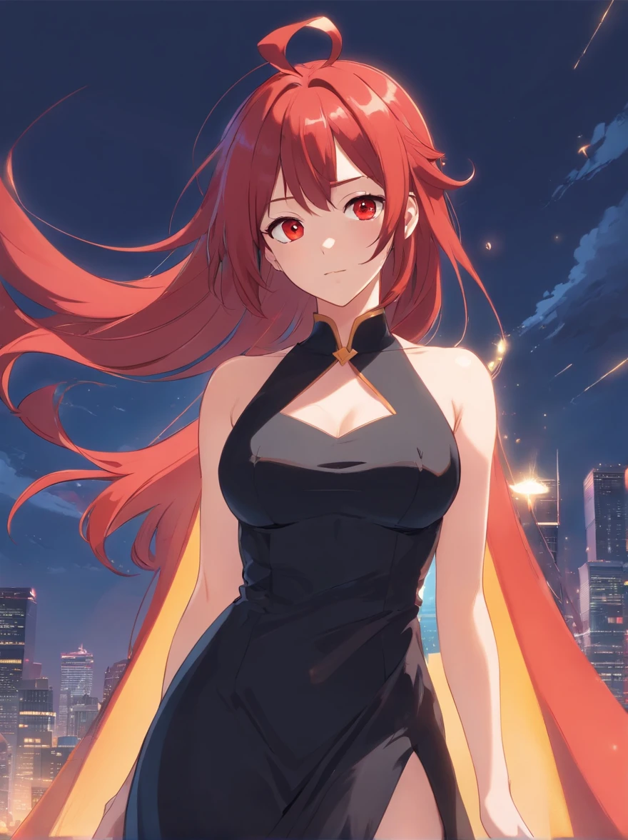 The woman, large breasts, Long red hair, Black Dress, amber eyes, pointed ears (Characteristics sheet:1) (Multiple Kinds of Whole Body Upper Body Reference Sheet:1)