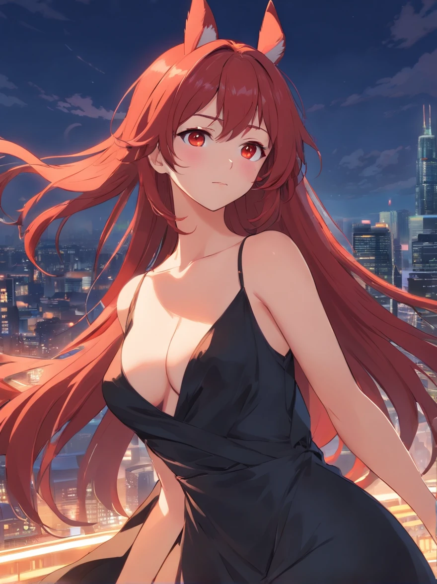 The woman, large breasts, Long red hair, Black Dress, amber eyes, pointed ears (Characteristics sheet:1) (Multiple Kinds of Whole Body Upper Body Reference Sheet:1)