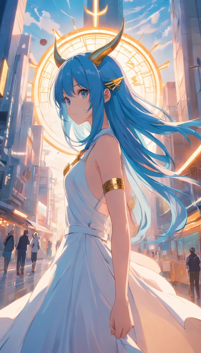 A girl with long blue hair in a white darkwave style dress with gold details and a devil mask,Estilo Darkwave,retrato de medio cuerpo,centrado,HDR,8k,hiperrealista,hermoso estudio de luz suave,detalles vibrantes,Anatomical,elegante,foco nítido,Foto de estudio,tendencias en Artstation,hiper detallado,filtro polarizador