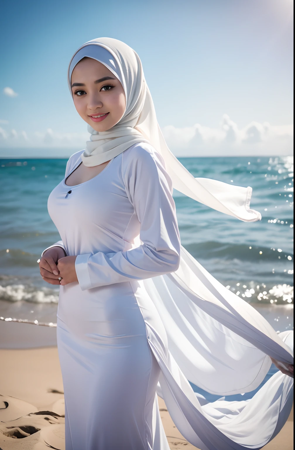 RAW, Best quality, high resolution, masterpiece: 1.3), beautiful Malay woman in hijab,Masterpiece, perfect slim fit body, (Huge breasts), big gorgeous eyes, Soft smile, RAW, Best quality, high resolution, masterpiece: 1.3), Beautiful Malay woman in hijab, Masterpiece, perfect slim body, big breasts, Best quality, 4K image quality, 1 Malay girl in hijab, white Hanfu, snow, long hijab fluttering in the wind , healing smile, big opening, blurred background, beach background, morning lighting