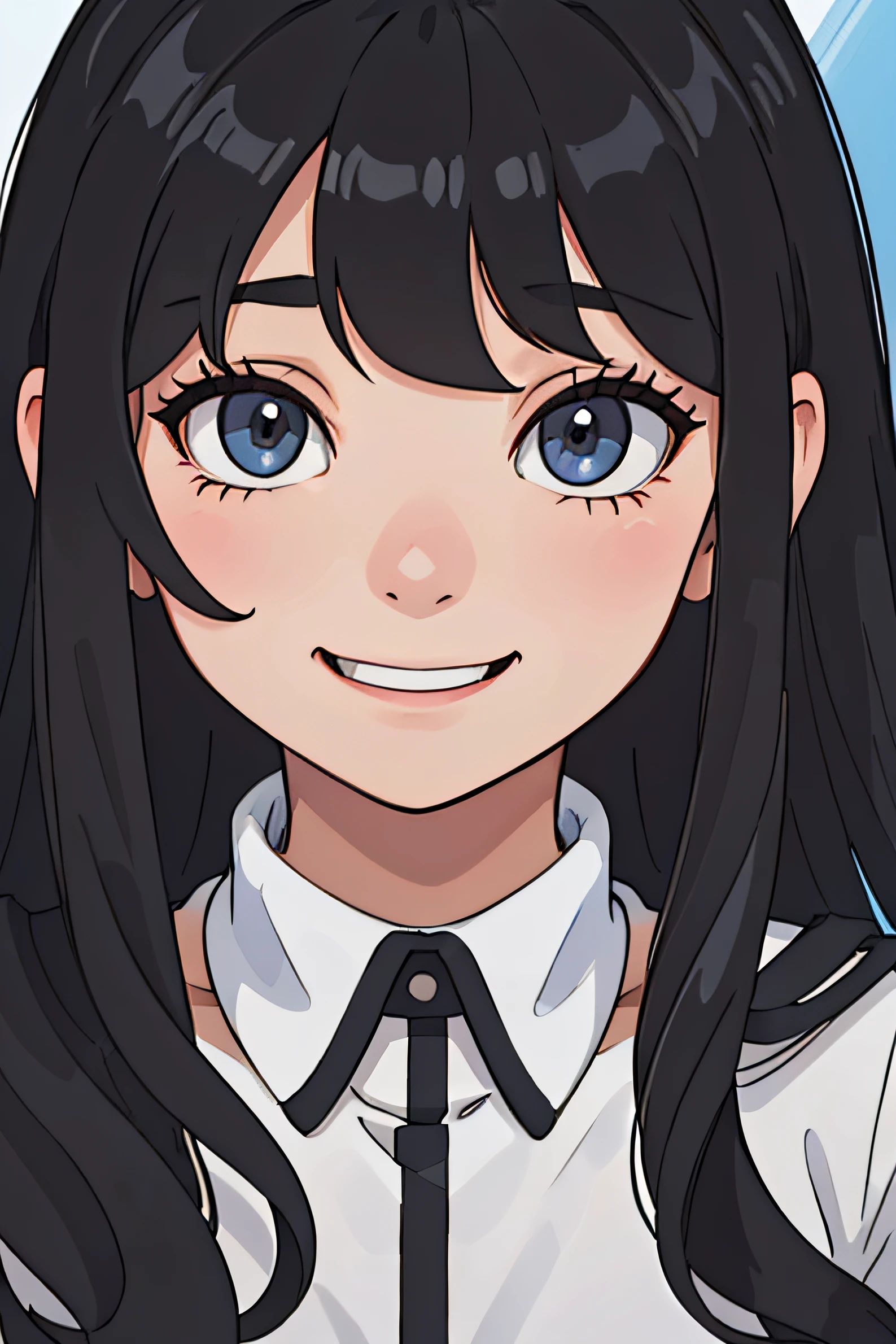 Extreme close up portrait of a girl having long black hair with bangs, smiling, focus on eyes, detailed,