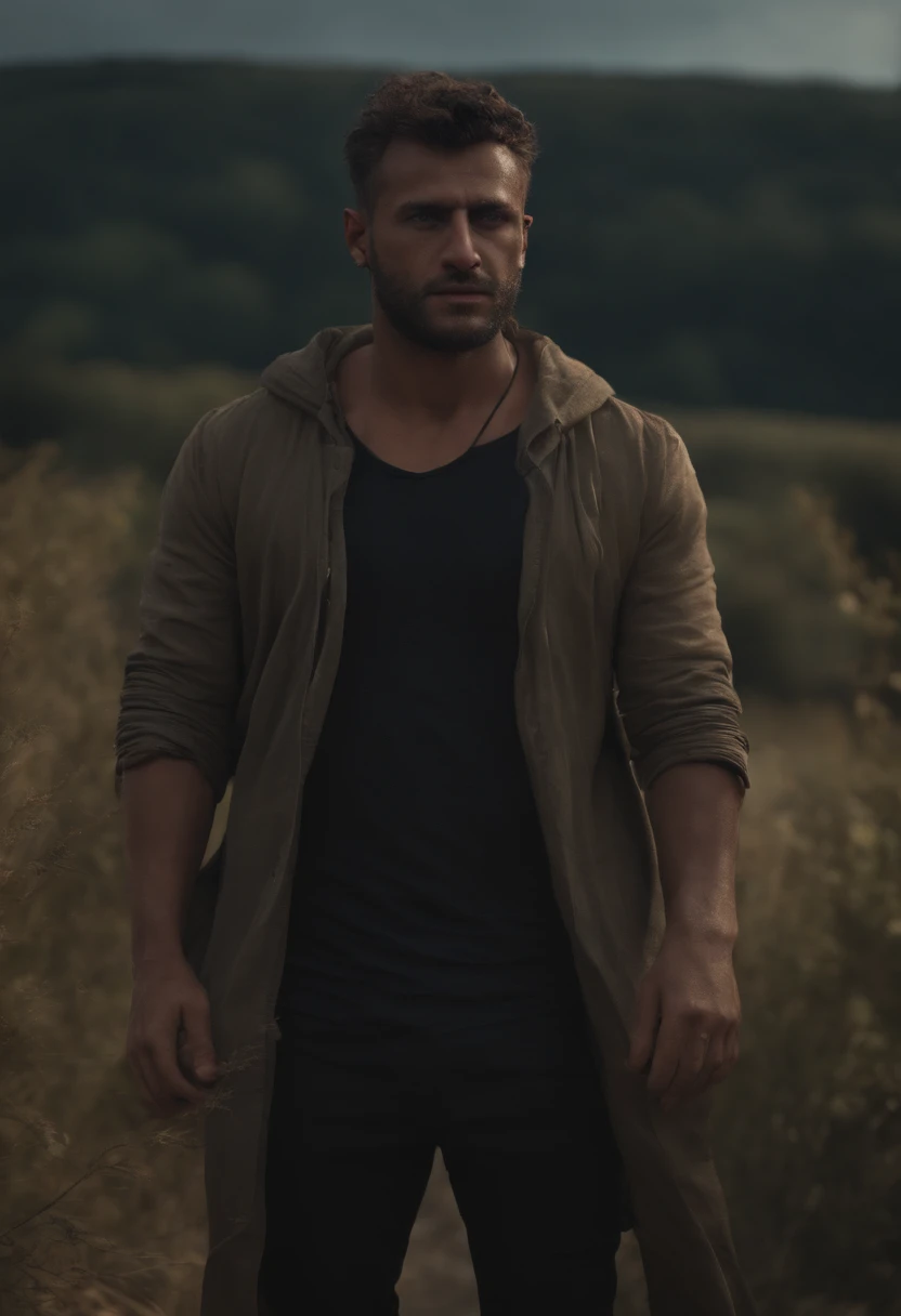 Smooth Man High Definition Realistic Blind, looking at the viewer with a serious face, The whole body shows up dressed in dirty clothes, no teeth present, Sclera and all-black pills, Cinematic 3D style, traits du visage pointus, 4K, 8k.
