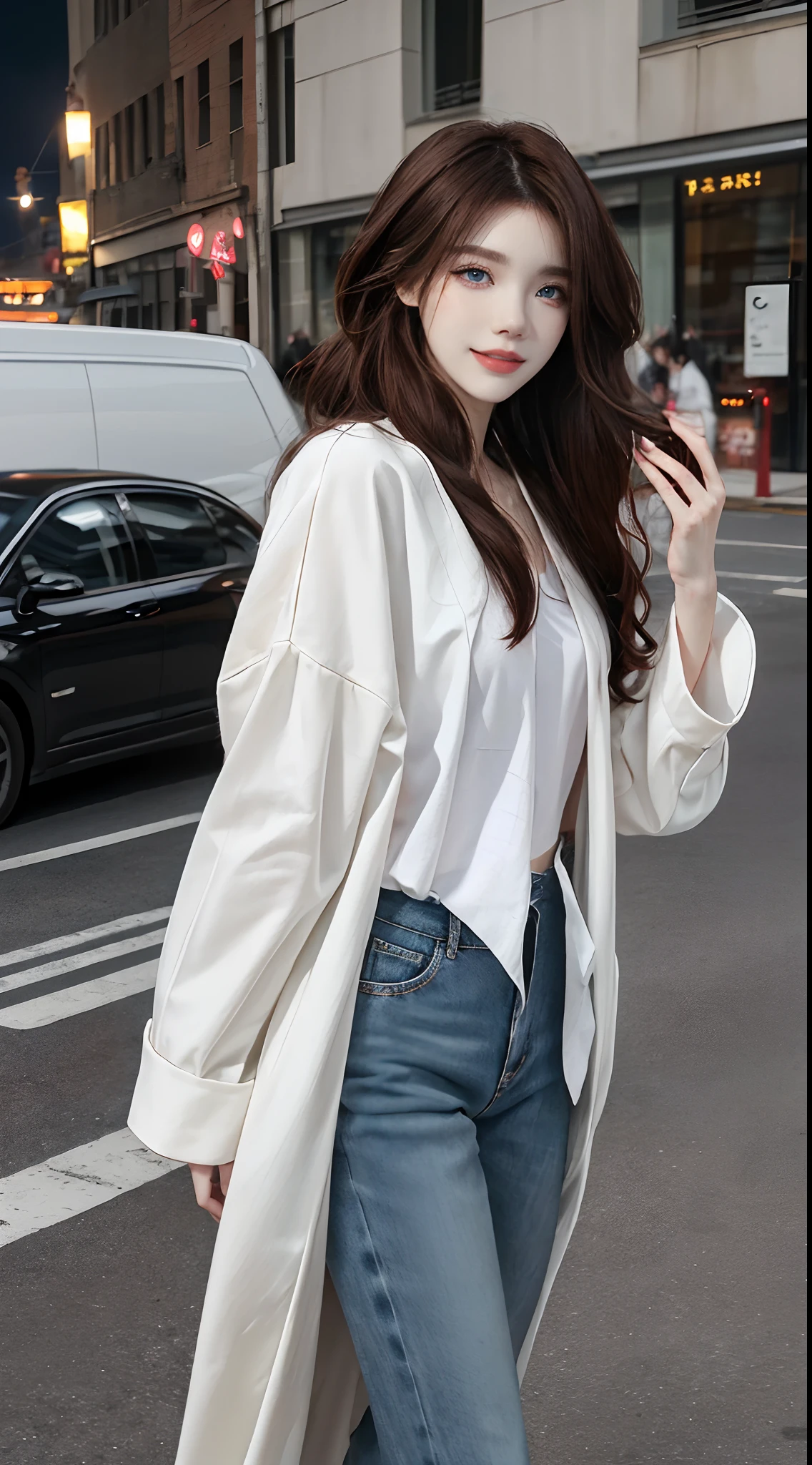 ((4K works))、​masterpiece、(top-quality)、1 beutiful girl、Slim body、tall、((Attractive casual clothes in black and white))、(Detailed beautiful eyes)、Take selfies on fashionable city roads at night、((Face similar to Carly Rae Jepsen))、((Long boyish red hair))、((Smaller face))、((Neutral face))、((Bright blue eyes))、((American adult women))、((Adult female 26 years old))、((cool lady))、((Like a celebrity))、((Smiling expression))、((Korean Makeup))、((elongated and sharp eyes))、((Happy dating))、((boyish))、((She's walking far away))、Professional Photos