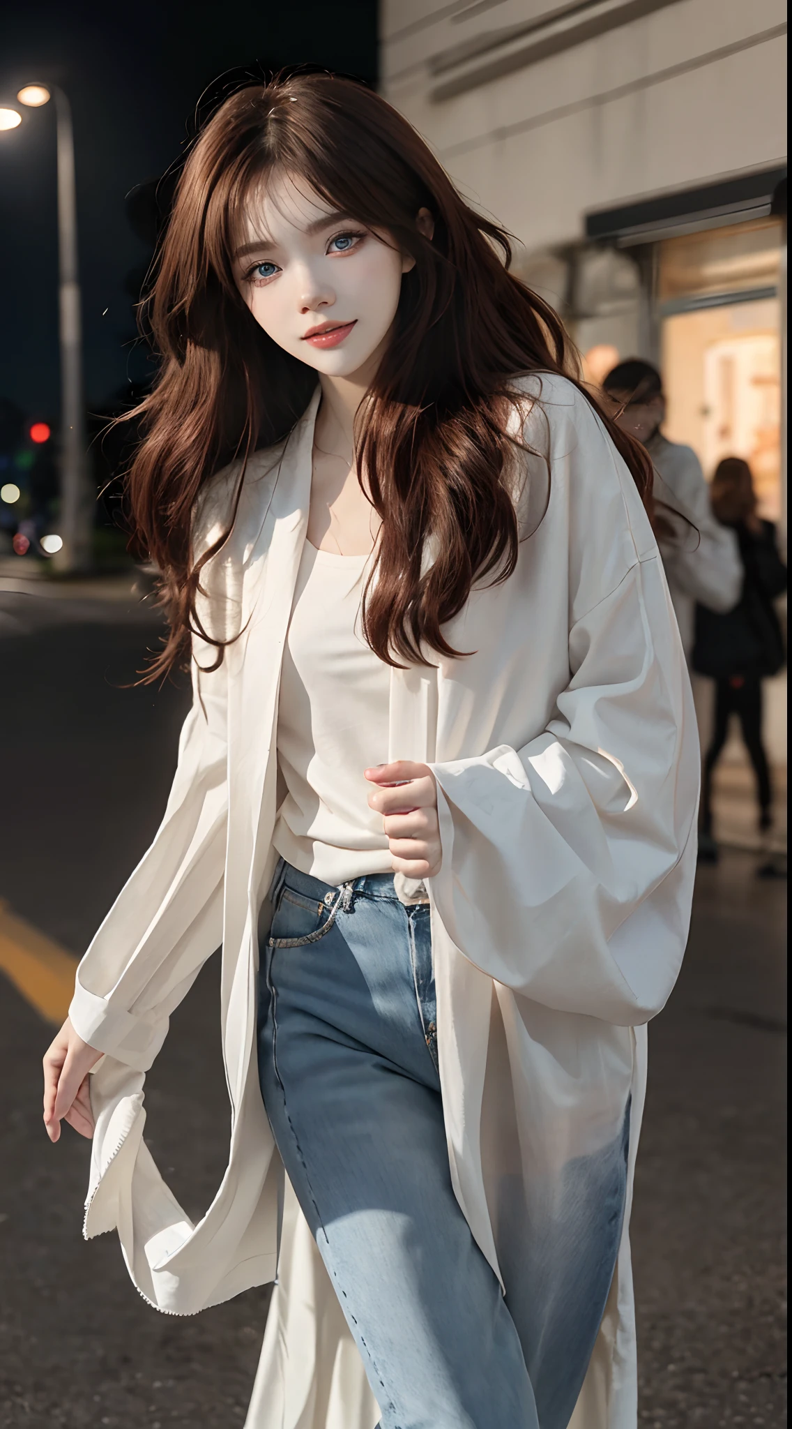 ((4K works))、​masterpiece、(top-quality)、1 beutiful girl、Slim body、tall、((Attractive casual clothes in black and white))、(Detailed beautiful eyes)、Take selfies on fashionable city roads at night、((Face similar to Carly Rae Jepsen))、((Long boyish red hair))、((Smaller face))、((Neutral face))、((Bright blue eyes))、((American adult women))、((Adult female 26 years old))、((cool lady))、((Like a celebrity))、((Smiling expression))、((Korean Makeup))、((elongated and sharp eyes))、((Happy dating))、((boyish))、((She's walking far away))、Professional Photos