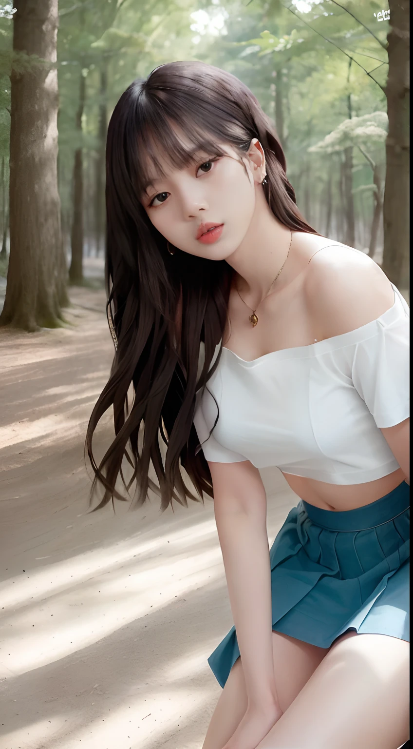 ((Lisa Blackpink)), bare breasts, wide neck t-shirt off shoulder, large neckline, tiny blue pleated skirt, no panties, black high heels, leaning forward, close breasts, very fair skin, very long hair, wavy hair, camp , forest, photorealistic, indirect lighting, volumetric light, ray tracing, hyper-detailed, best quality, ultra-high resolution, HDR, 8k