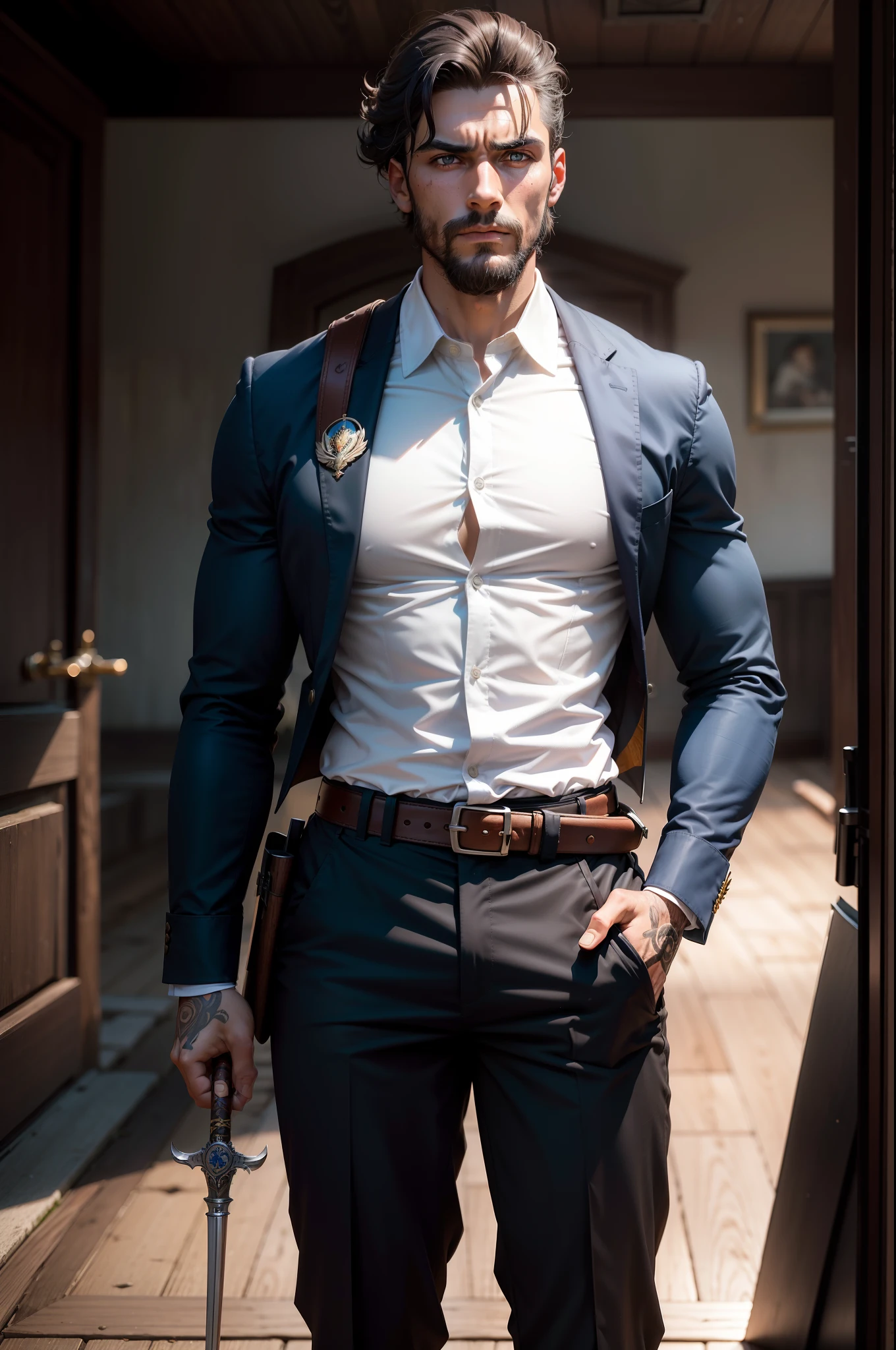 super high res, melhor qualidade, fotografia, 16k, (fotografiarrealista: 1.2), cinematic lighthing, Um homem realista de pele branca,24 anos, 1.80 metros de altura, vestido com um decote alto, camisa de manga comprida, black dress pants, e sapatos pretos, Use um casaco, Several Hidden Throwing Knives Inherit Wristwatch, There is a belt adorned with an eagle, Bring a holster with a revolver. Your face carries the weight of someone who has experienced so much in life, No entanto, His gaze is gentle, revelando dores ocultas. Eles ostentam uma luz, barba esparsa, cabelos pretos, e uma barba negra, with heterochromatic eyes – one brown and one blue. Hidden inside the cane is a hidden sword.Como arma principal, They use the revolver and have a plug in their back to secure the cane/sword when using the revolver.