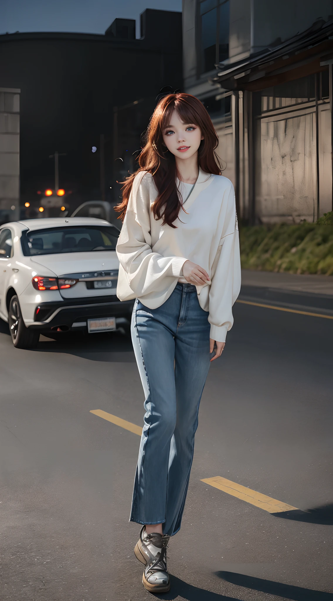 ((4K works))、masterpiece、(top-quality)、1 beutiful girl、Slim body、tall、((Attractive casual clothes in black and white))、(Detailed beautiful eyes)、Take selfies on the road at night、((Face similar to Carly Rae Jepsen))、((Long boyish red hair))、((Smaller face))、((Neutral face))、((Bright blue eyes))、((American adult women))、((Adult female 26 years old))、((cool lady))、((Like a celebrity))、((Smiling expression))、((Korean Makeup))、((elongated and sharp eyes))、((Happy dating))、((boyish))、((She's walking far away))、Professional Photos