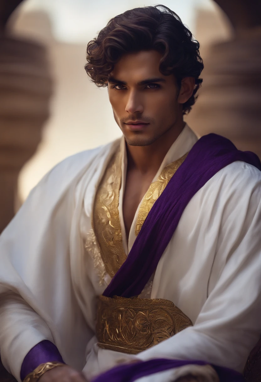 male, young, olive brown skin, wavy short dark violet hair, golden eyes, white fantasy robes, scarred face, handsome