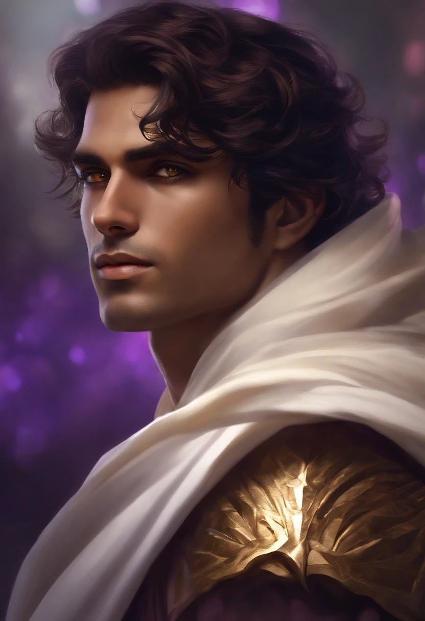 male, young, olive brown skin, wavy short dark violet hair, golden eyes, white fantasy robes, scarred face, handsome