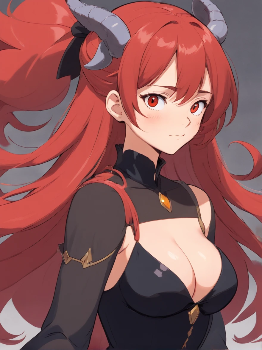 The woman, large breasts, Long red hair, Black Dress, amber eyes, pointed ears (Characteristics sheet:1) (Multiple Kinds of Whole Body Upper Body Reference Sheet:1)
