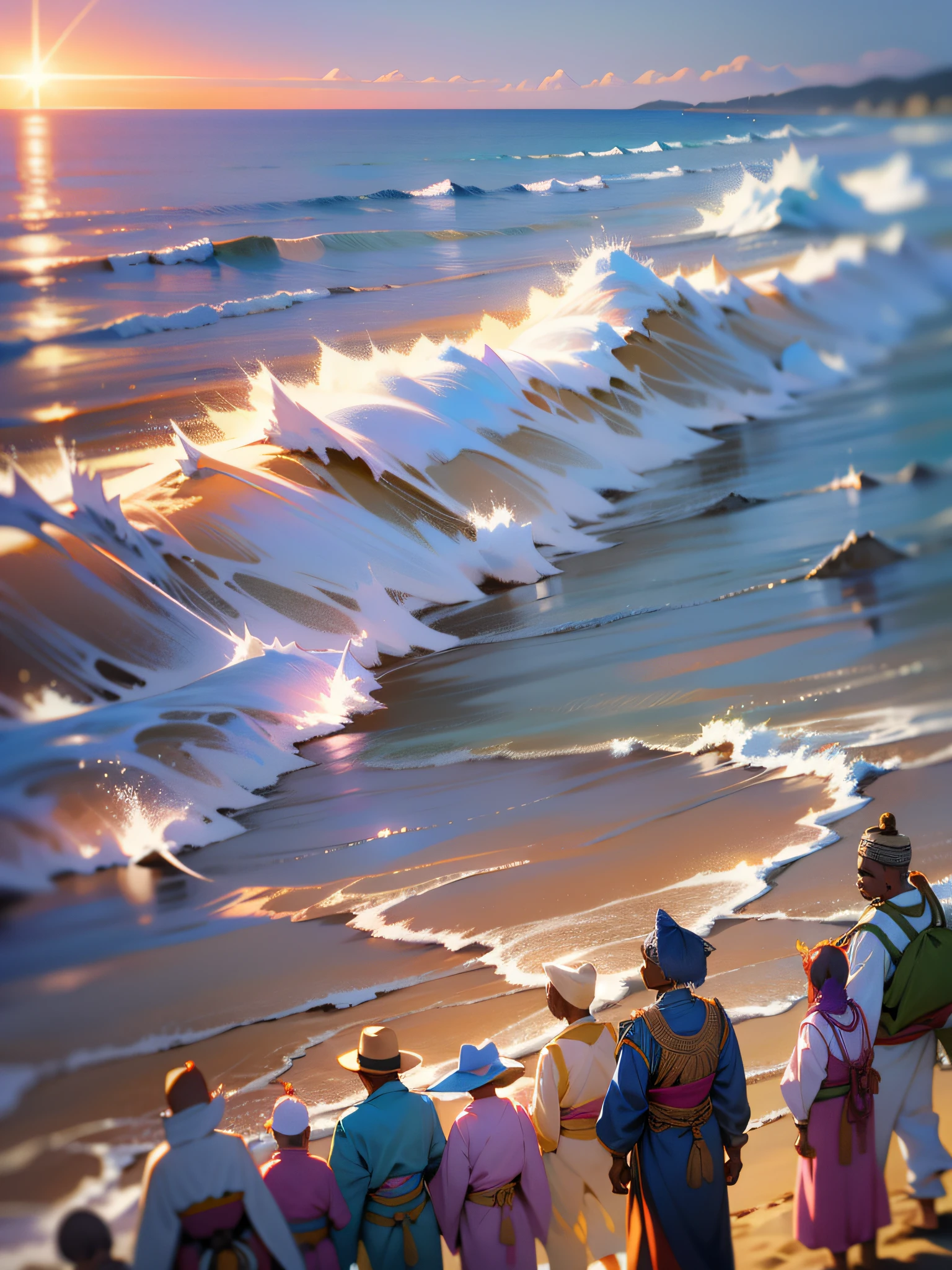 Um close up de um grupo de africanos em trajes africanos desenhados em uma praia, nascer do sol brilhando, com luz iridescente, imagem altamente realista, 32k, Ultra HD |, Cinematic lighting, estilo artgerm