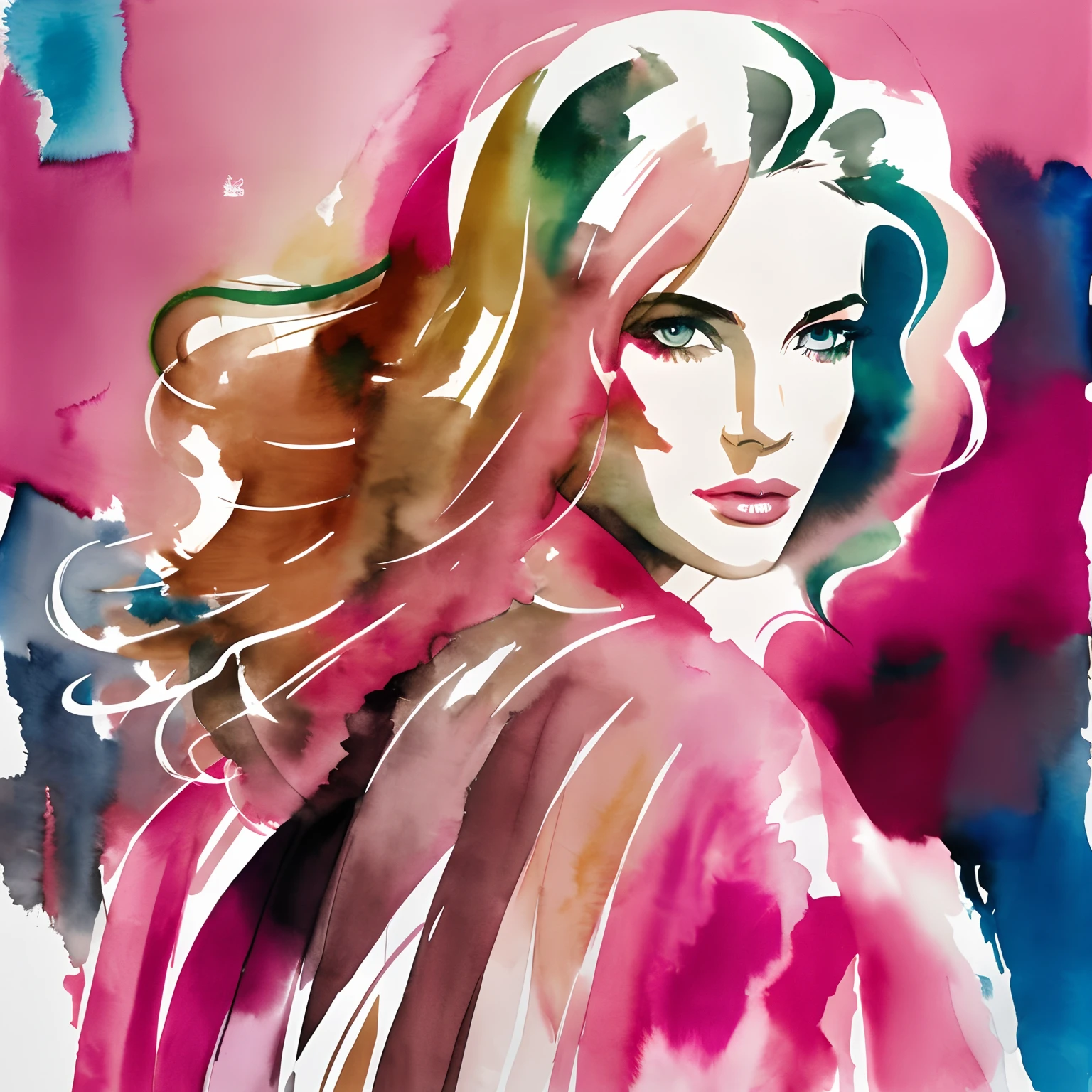 David downton fashion illustration, watercolor drawing, blonde woman, thin hair, pink coat, elegant, street, blue, green, beige, natural colors