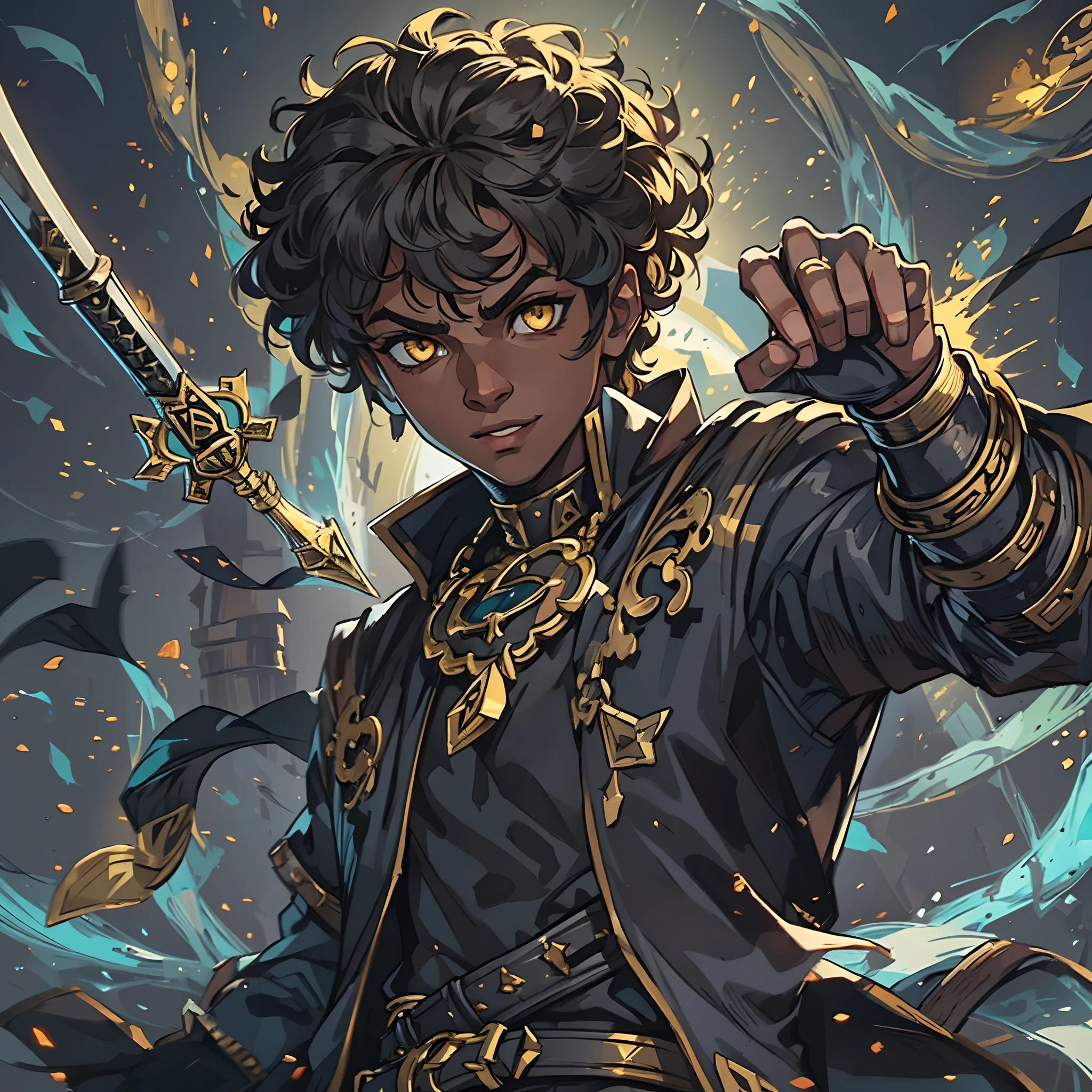 ((masterpiece,best quality)), extremely detailed 8K wallpaper, depth_of_field, best shadow, (Colorful), Combat Pose, Holding a Shuriken, 1 black man, beautiful, short curly hair, young man, confident eyes, golden eyes, confident smile, dressed in black clothes like a assassin,  a fantasy character, an RPG character. , 4k, perfect details, character for a RPG, medieval RPG, ultra details, dynamic lights, Jojo pose reference