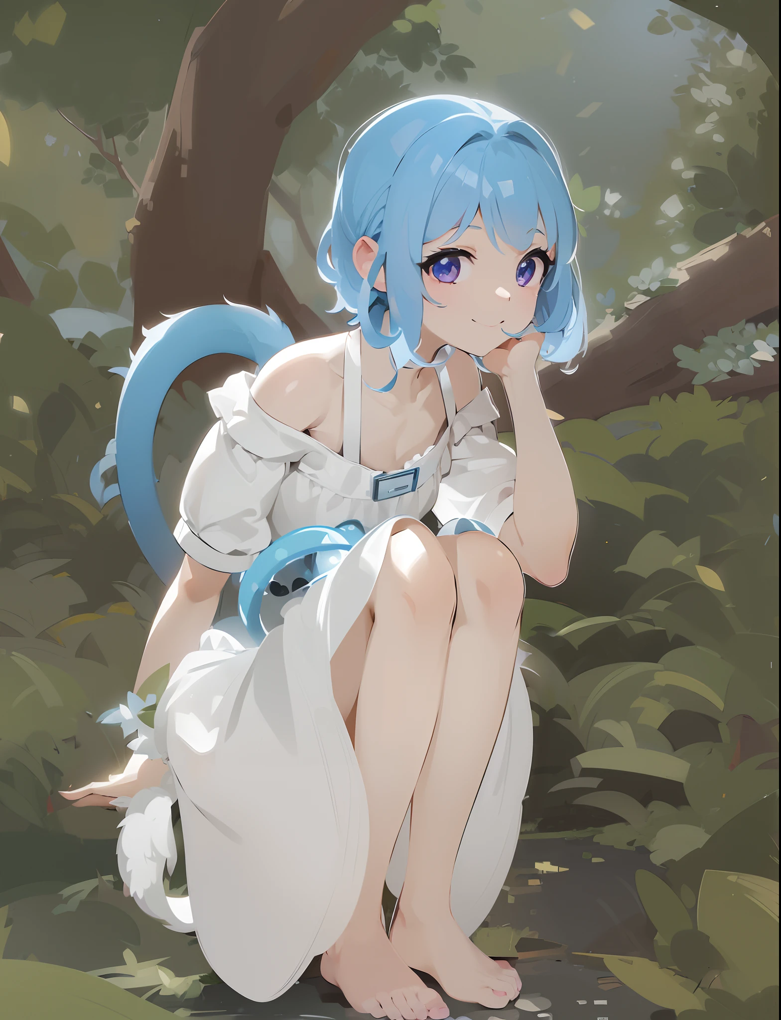 (medium shot:1.5), (masterpiece), A petite girl with a cheerful white dress, shoeless, a short of blue hair, and two big eyes, flat chest, (a comical big monkey ear). Her thin tail twitches as she surveys her surroundings, walking in the hills, very detailed, high definition, 4k.