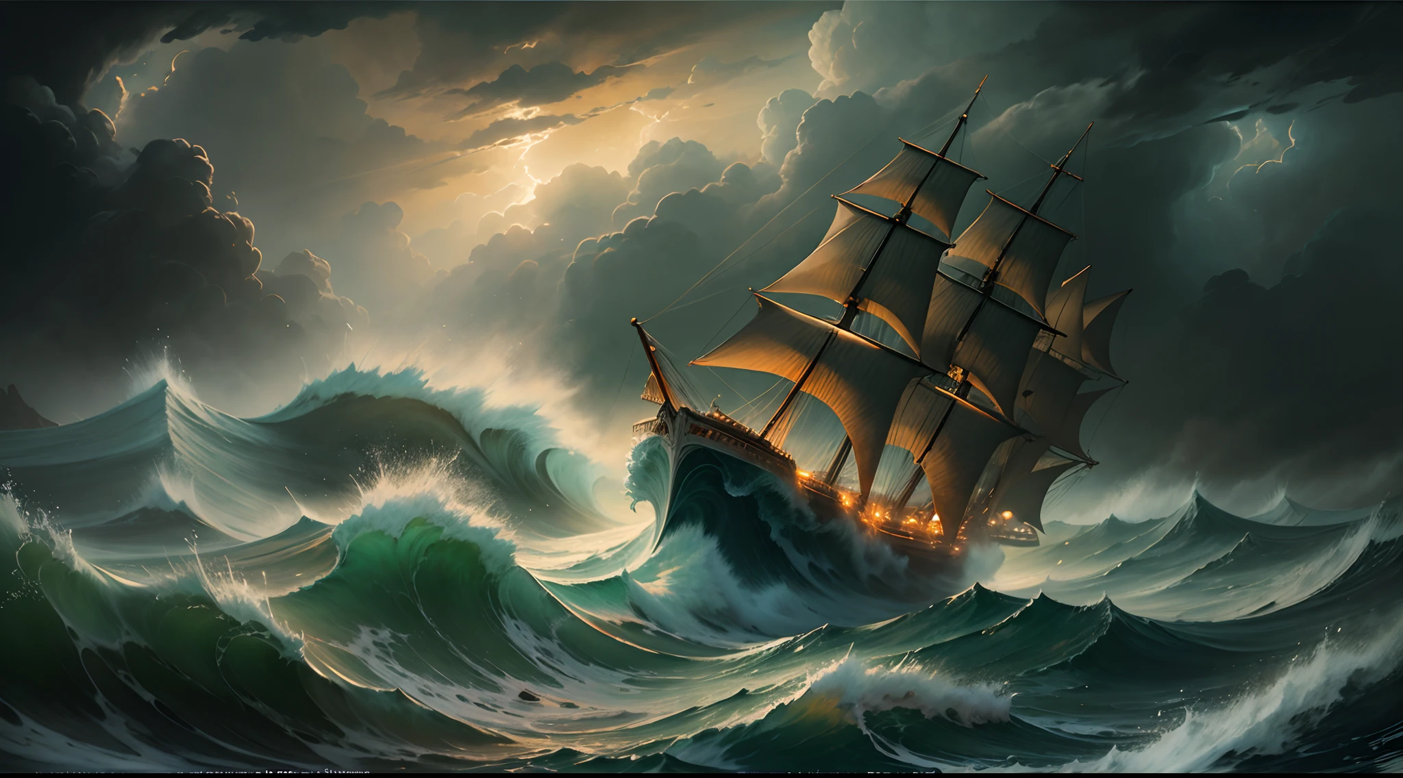 Painting of a ship sailing in a stormy sea, with dramatic lighting and powerful waves, Romanticism art style, inspired by William Blake and John Constable.