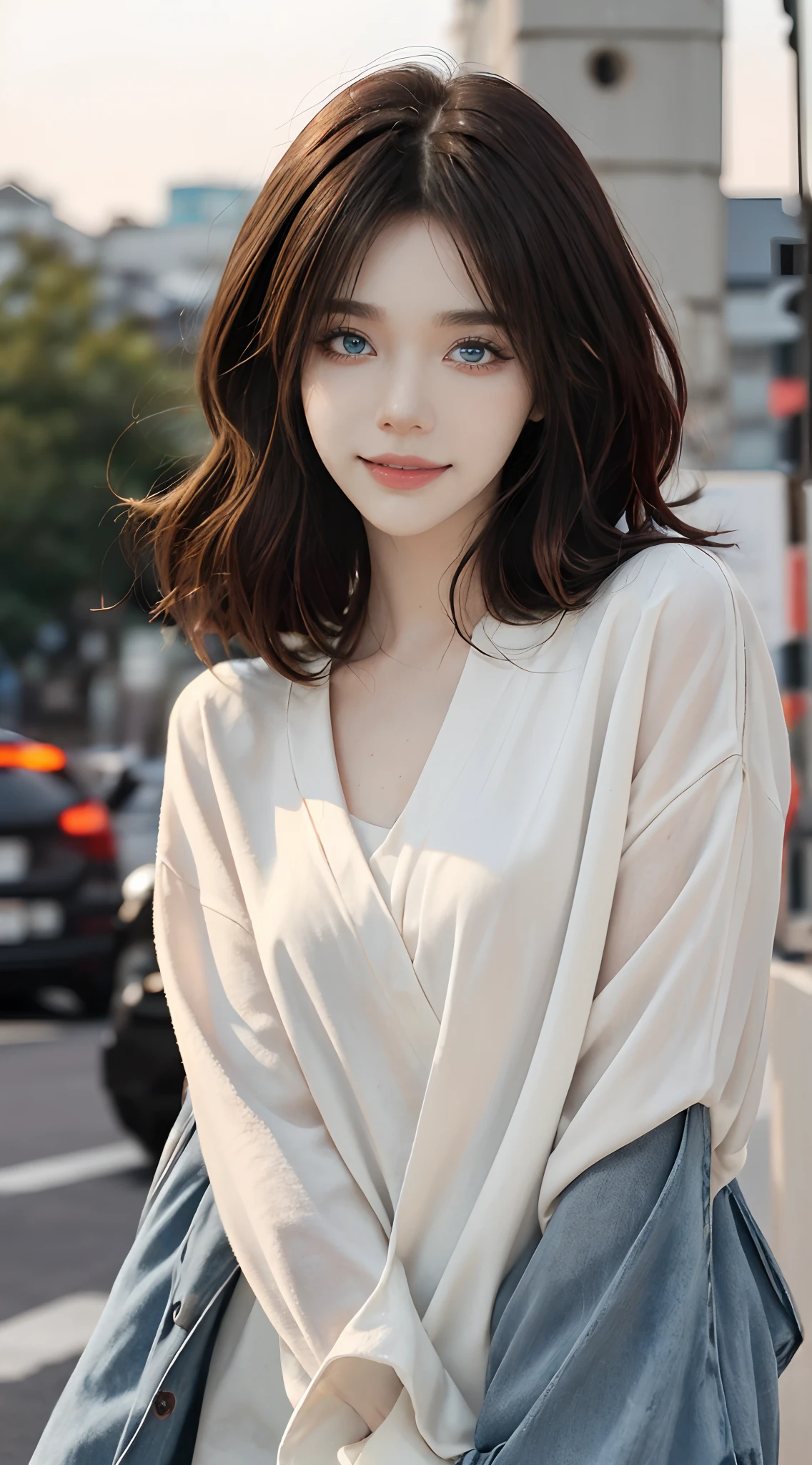 ((4K works))、masterpiece、(top-quality)、1 beutiful girl、Slim body、tall、((Attractive casual clothes in black and white))、(Detailed beautiful eyes)、Take selfies on fashionable highways at night、((Face similar to Carly Rae Jepsen))、((Long boyish red hair))、((Smaller face))、((Neutral face))、((Bright blue eyes))、((American adult women))、((Adult female 26 years old))、((cool lady))、((Like a celebrity))、((Smiling expression))、((Korean Makeup))、((elongated and sharp eyes))、((Happy dating))、((boyish))、((She's walking far away))、Professional Photos