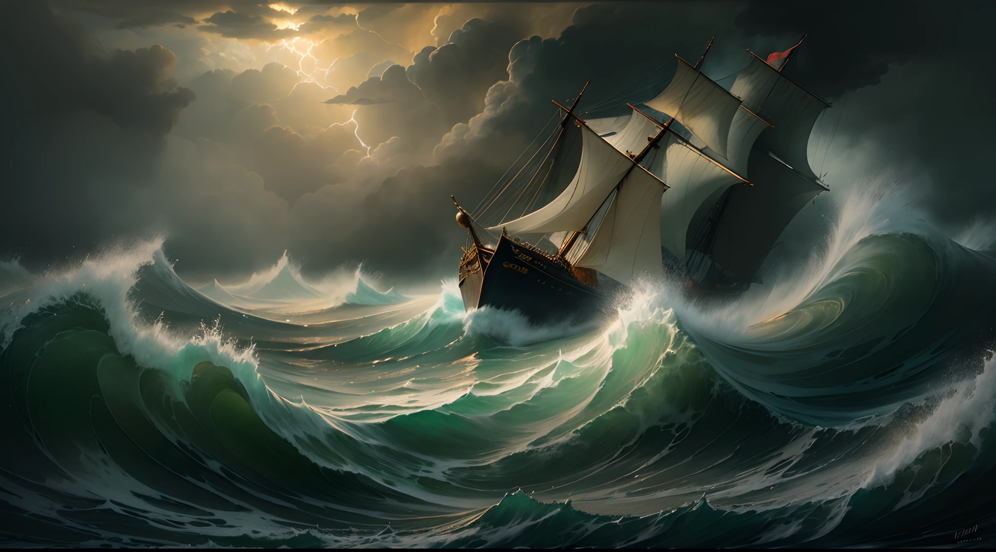 Painting of a ship sailing in a stormy sea, with dramatic lighting and powerful waves, Romanticism art style, inspired by William Blake and John Constable.