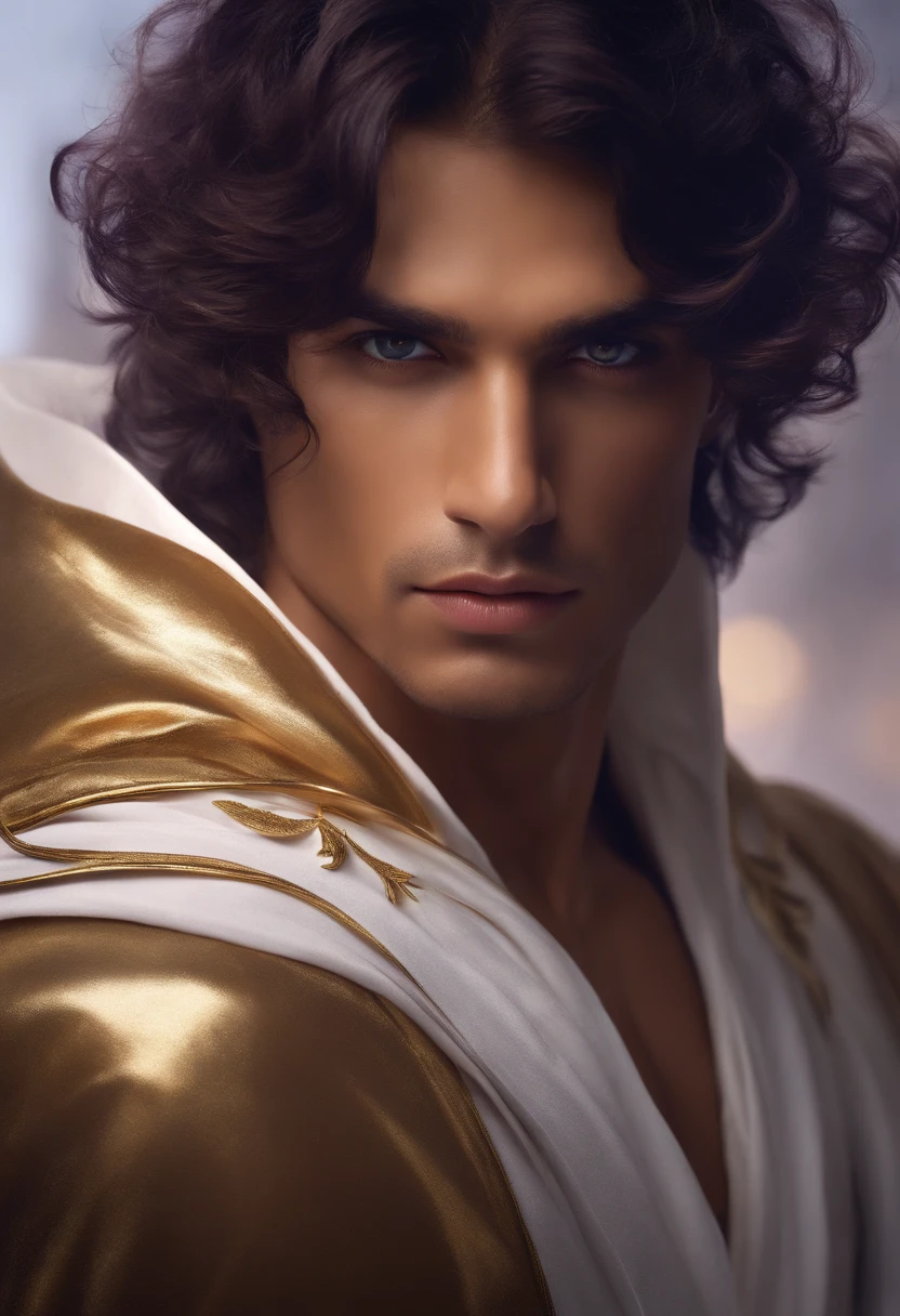male, young, olive brown skin, wavy short dark violet hair, golden eyes, white fantasy robes, scarred face, pretty