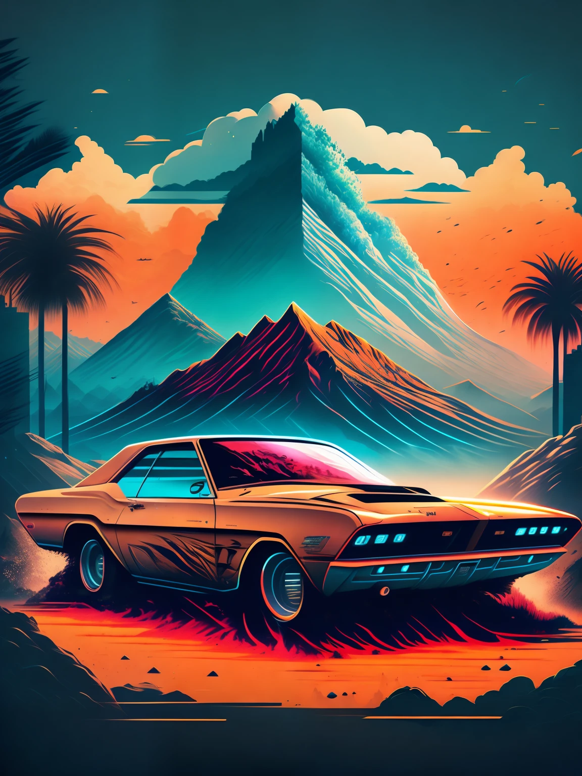 "carro, paisagem urbana exuberante, design de camiseta estilizado, meio da jornada, arte vetorial vibrante, hydro74"