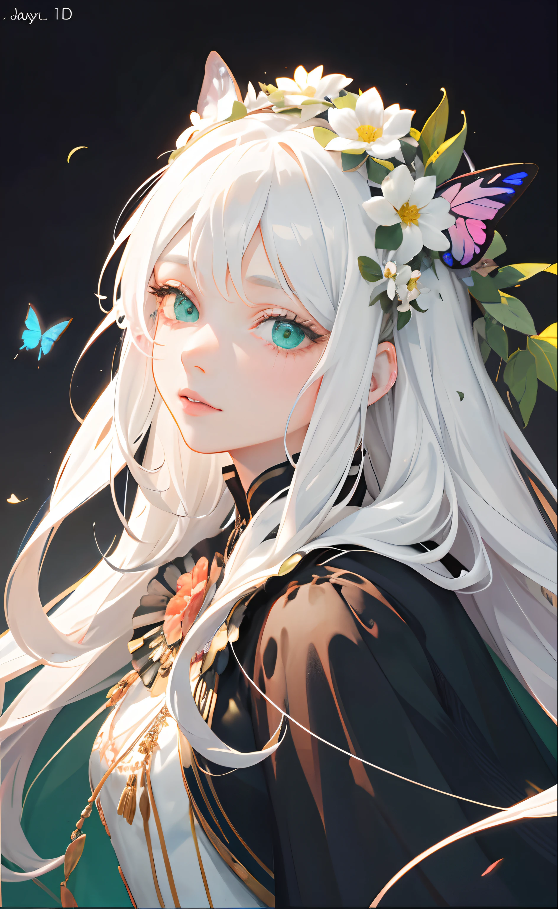 masterpiece, best quality, (white long hair: 1.7), (beautiful green eyes: 1.7), (short black cape: 1.3). (modern city: 1.5), girl, one flower on the head, ((High Detail Skin, Visible Pores)), (Perfect Figure), A Beautiful Girl, Side Light, (Fine Beautiful Eyes: 1.2), (Masterpiece), Portrait, (Bust), Realistic, Anatomically Correct, 3D Face, Sweet Skin, Cute Face, bright Eyes, luminous butterflies