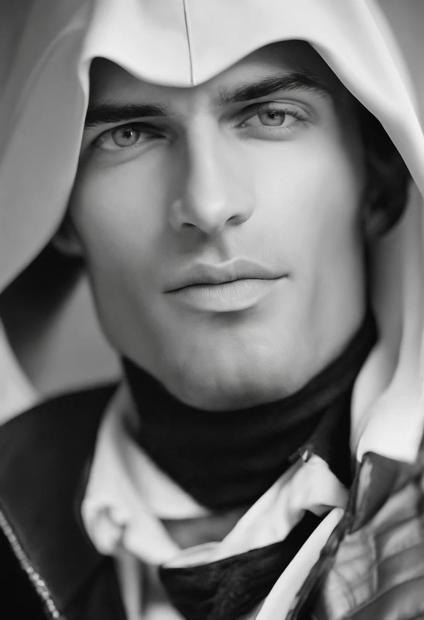 Man 1m80 face smooth and realistic, avec une capuche ????, Eyes completely black, ont ne vois pas de dents, A serious air