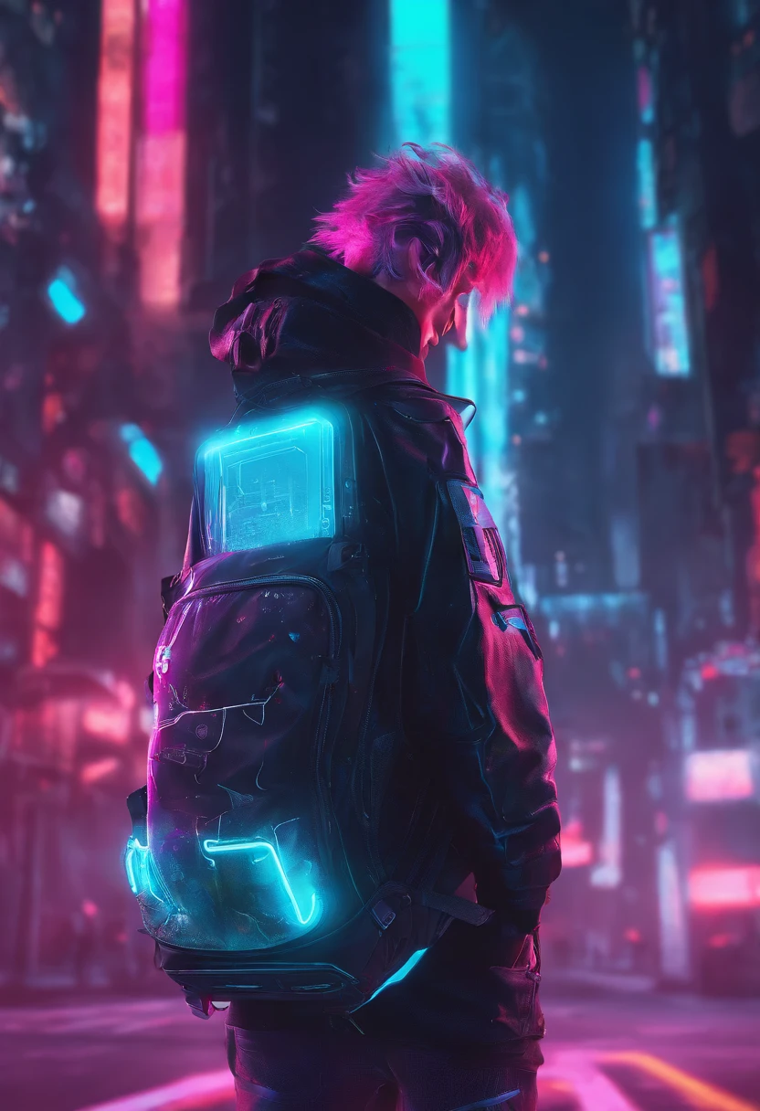 8K，Fine picture quality，Future street background，A cyberpunk boy，Carry this futuristic technology backpack，The backpack has a light，Future lighting camera in hand，Back shadow