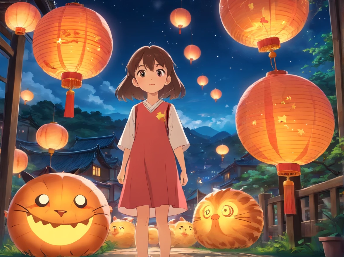Mid-Autumn Festival,Stars shine,Colorful,A huge moon floated over the city,prettyandcute,KIDS ILLUSTRATION,Glow effect,Dingdall effect,depth of fields,Highlight,Real light,Ray traching,oc rendered,Hyper-realistic,best qualtiy,8K,Works of masters,super-fine,Detailed pubic hair,Correct anatomy,sharp focus on eyes,Bokeh,Carefully drawn facial features,Mother,Make mooncakes,The lantern glows