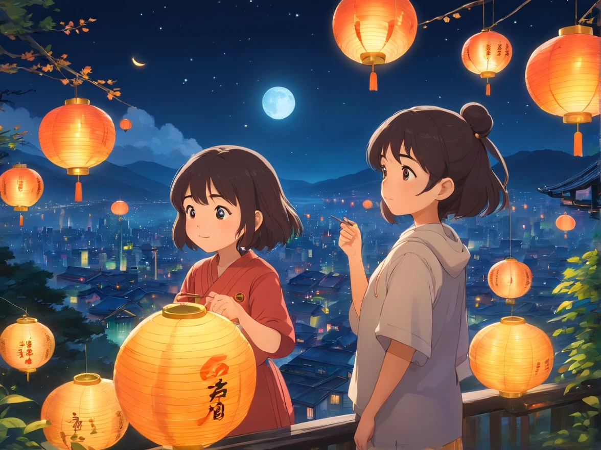 Mid-Autumn Festival,Stars shine,Colorful,A huge moon floated over the city,prettyandcute,KIDS ILLUSTRATION,Glow effect,Dingdall effect,depth of fields,Highlight,Real light,Ray traching,oc rendered,Hyper-realistic,best qualtiy,8K,Works of masters,super-fine,Detailed pubic hair,Correct anatomy,sharp focus on eyes,Bokeh,Carefully drawn facial features,Mother,Make mooncakes,The lantern glows
