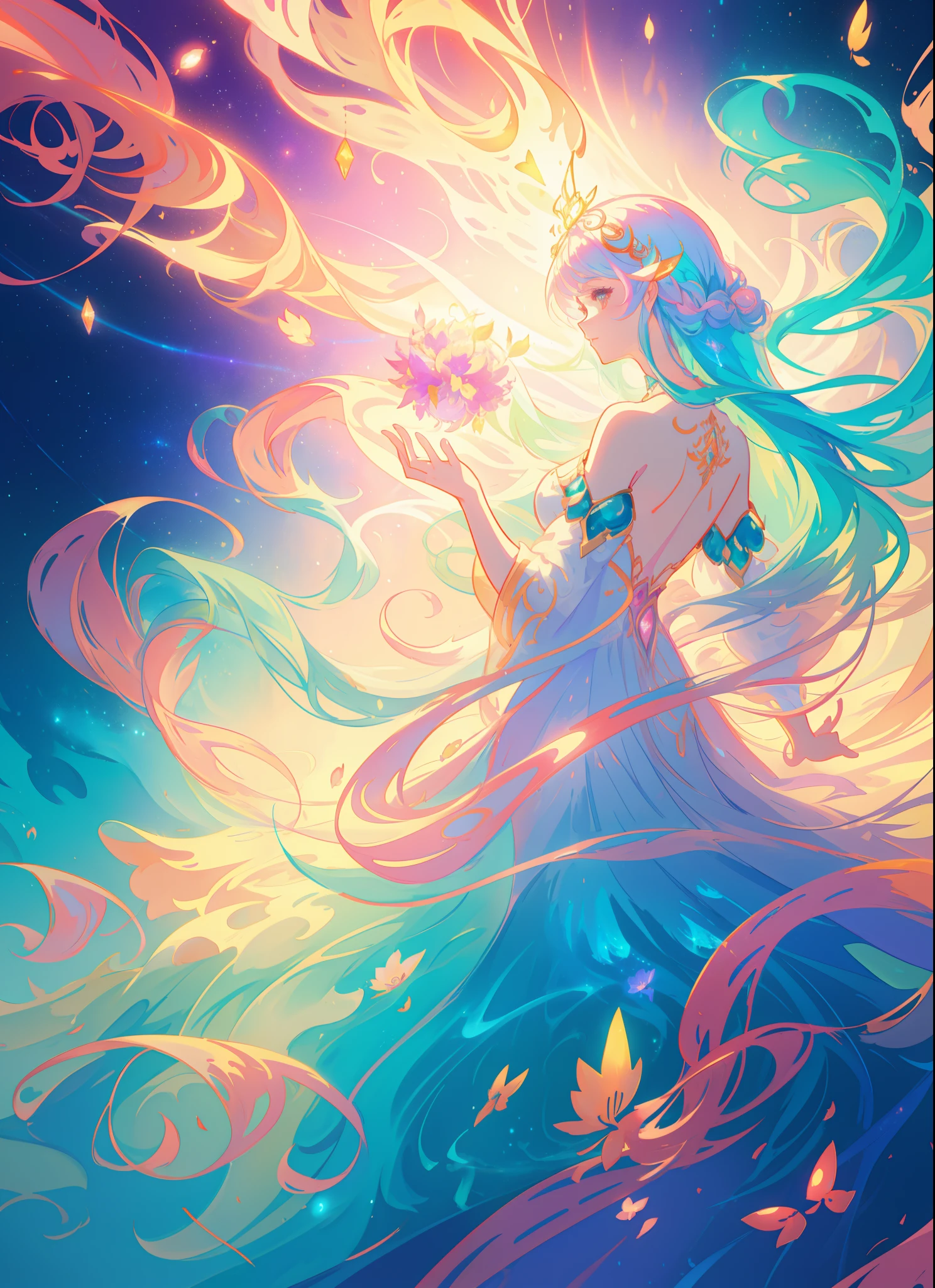 beautiful girl in flowing ballgown, flowing long hair, multi-layered ballgown, intricately detailed dress, colorful lights, pastel colors, magical, whimsical, sparkling, inspired by Glen Keane, inspired by Lois van Baarle, disney art style, by Lois van Baarle, glowing aura around her, by Glen Keane, jen bartel, glowing lights! digital painting, flowing glowing hair, glowing flowing hair, beautiful digital illustration, fantasia otherworldly landscape plants flowers, beautiful, masterpiece, best quality, anime disney style