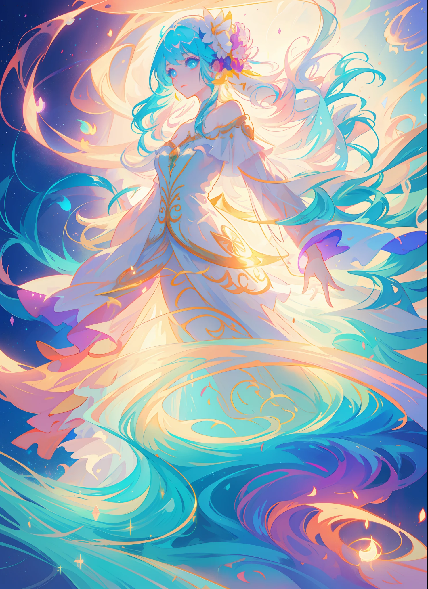 beautiful girl in flowing ballgown, flowing long hair, multi-layered ballgown, intricately detailed dress, colorful lights, pastel colors, magical, whimsical, sparkling, inspired by Glen Keane, inspired by Lois van Baarle, disney art style, by Lois van Baarle, glowing aura around her, by Glen Keane, jen bartel, glowing lights! digital painting, flowing glowing hair, glowing flowing hair, beautiful digital illustration, fantasia otherworldly landscape plants flowers, beautiful, masterpiece, best quality, anime disney style
