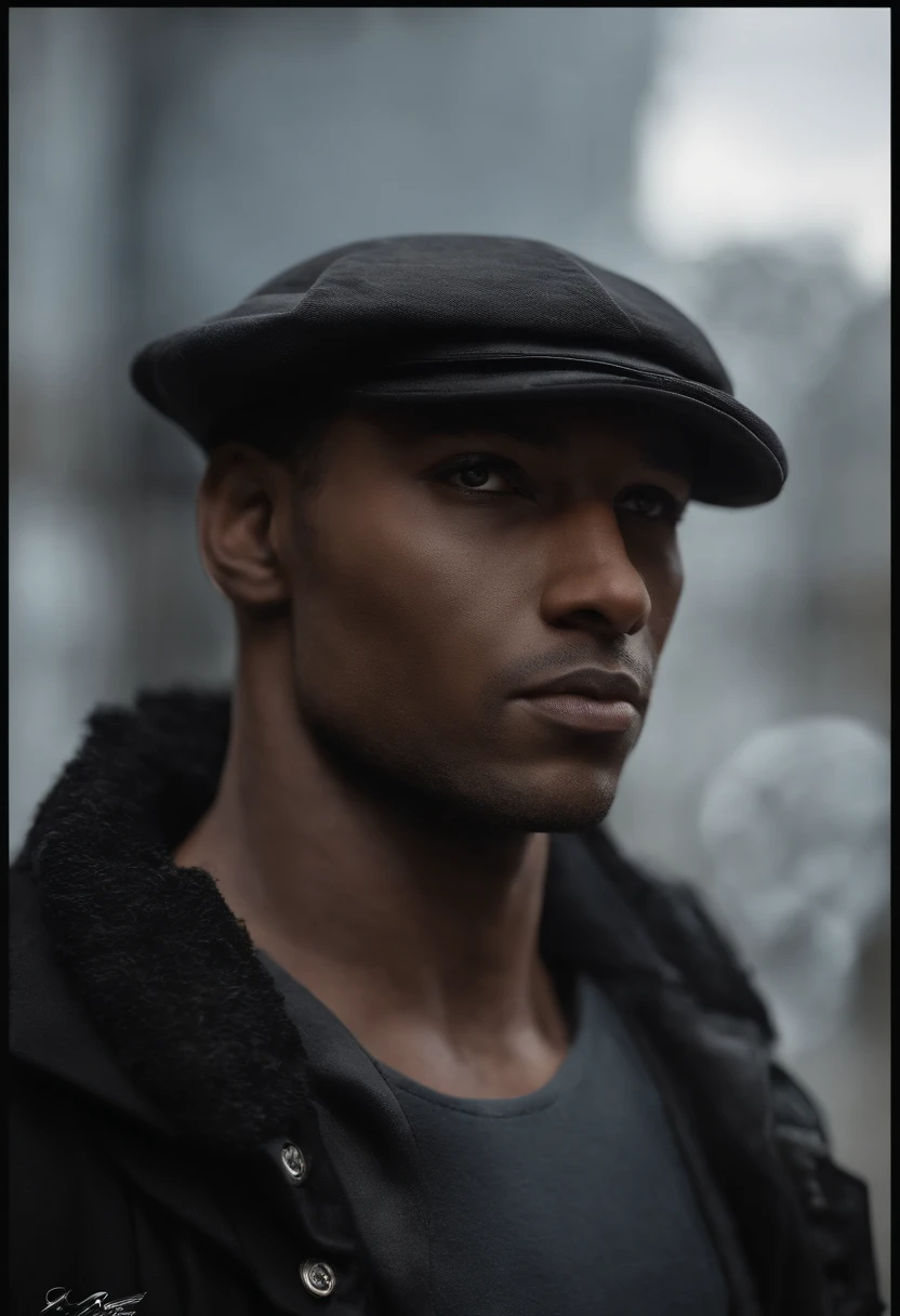 Man 1m80 face smooth and realistic, avec une capuche noir, Completely black eyes, ont ne vois pas de dents, A serious air