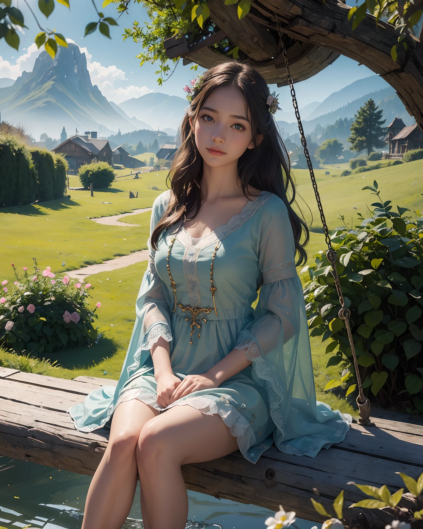 1 girl, masterpiece, best quality, best quality, Amazing, beautiful detailed eyes, finely detailed, depth of field, extremely detailed CG unity 8k wallpaper, fullbody, fantasy backdrop, intricate detail, depth of color, dramatic, side light, colorful background. beautiful detailed eyes, beautiful detailed scenery, vapor, censor, hair, censor, practical censor, beautiful view, looking at viewer, slight smile, blushing, and realistic emotion. In this exquisite masterpiece of the highest quality you will see a breathtaking scene of a lonely girl sitting on a swing in a lush green meadow. The splendor of nature envelops it: bright flowers adorn the land and high mountains form a majestic backdrop. A tranquil stream flows nearby, adding to the harmonious atmosphere. Captured from a distance, this highly detailed image offers an extremely realistic view that will immerse you in every minute of this tranquil environment. The brightness of the surroundings is a testament to the craftsmanship of the highest quality, making this a true work of art. Discover the intricate details and immerse yourself in the beauty of this idyllic moment in nature