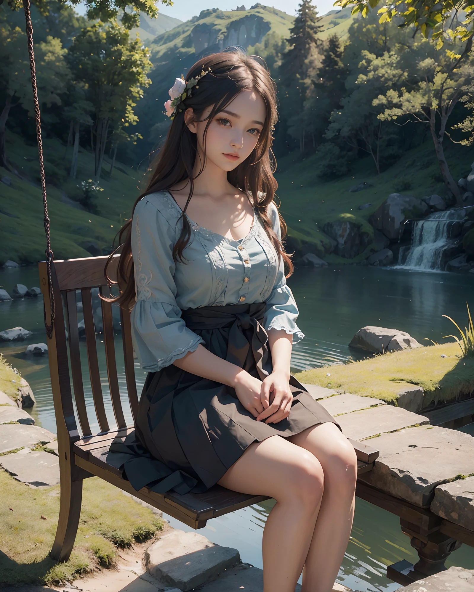 1 girl, masterpiece, best quality, best quality, Amazing, beautiful detailed eyes, finely detailed, depth of field, extremely detailed CG unity 8k wallpaper, fullbody, fantasy backdrop, intricate detail, depth of color, dramatic, side light, colorful background. beautiful detailed eyes, beautiful detailed scenery, vapor, censor, hair, censor, practical censor, beautiful view, looking at viewer, slight smile, blushing, and realistic emotion. In this exquisite masterpiece of the highest quality you will see a breathtaking scene of a lonely girl sitting on a swing in a lush green meadow. The splendor of nature envelops it: bright flowers adorn the land and high mountains form a majestic backdrop. A tranquil stream flows nearby, adding to the harmonious atmosphere. Captured from a distance, this highly detailed image offers an extremely realistic view that will immerse you in every minute of this tranquil environment. The brightness of the surroundings is a testament to the craftsmanship of the highest quality, making this a true work of art. Discover the intricate details and immerse yourself in the beauty of this idyllic moment in nature