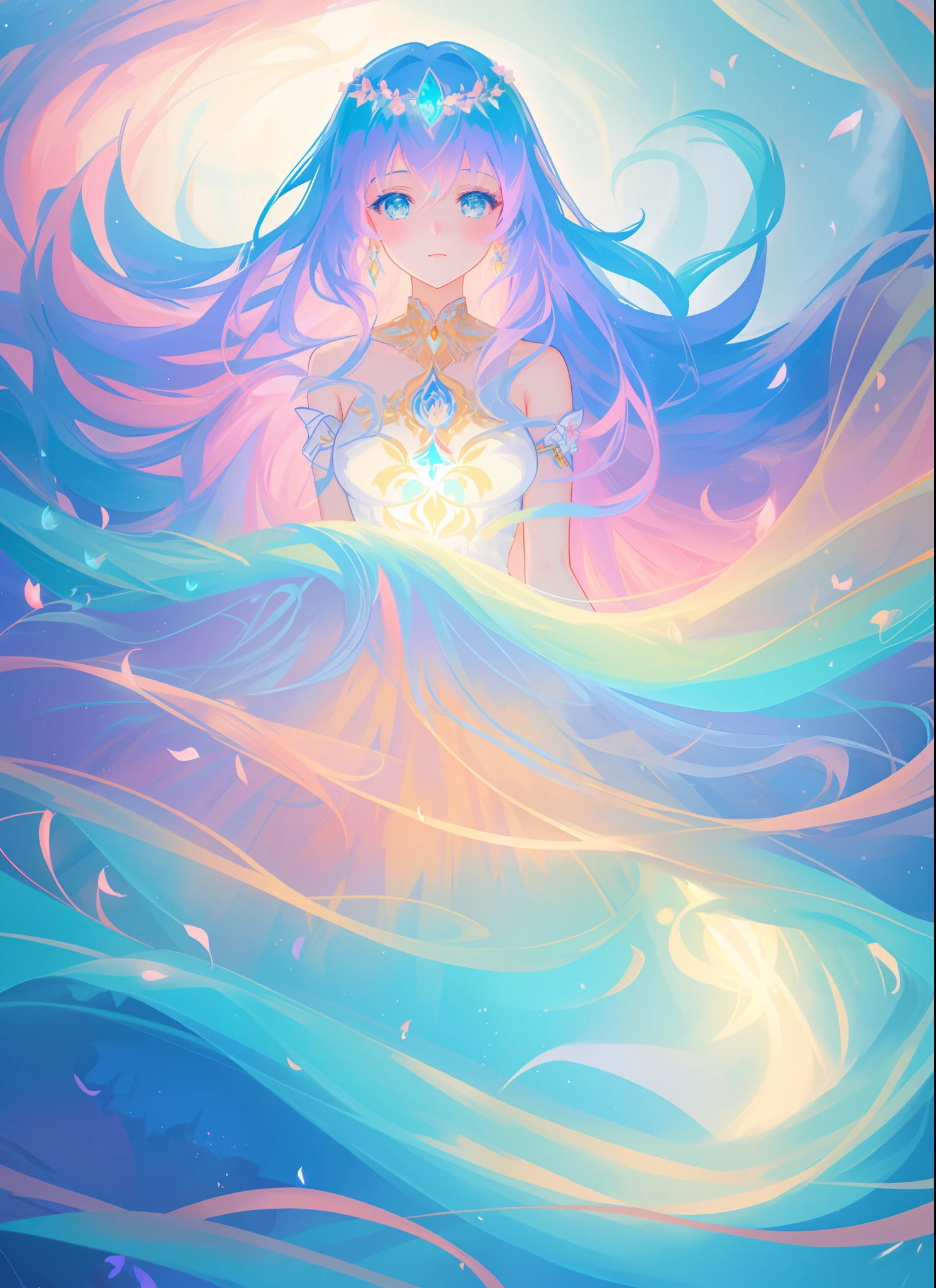 beautiful girl in layered ballgown, flowing long hair, multi-layered ballgown, intricately detailed dress, colorful lights, pastel colors, magical, whimsical, sparkling, inspired by Glen Keane, inspired by Lois van Baarle, disney art style, by Lois van Baarle, glowing aura around her, by Glen Keane, jen bartel, glowing lights! digital painting, flowing glowing hair, glowing flowing hair, beautiful digital illustration, fantasia otherworldly landscape plants flowers, beautiful, masterpiece, best quality, anime disney style
