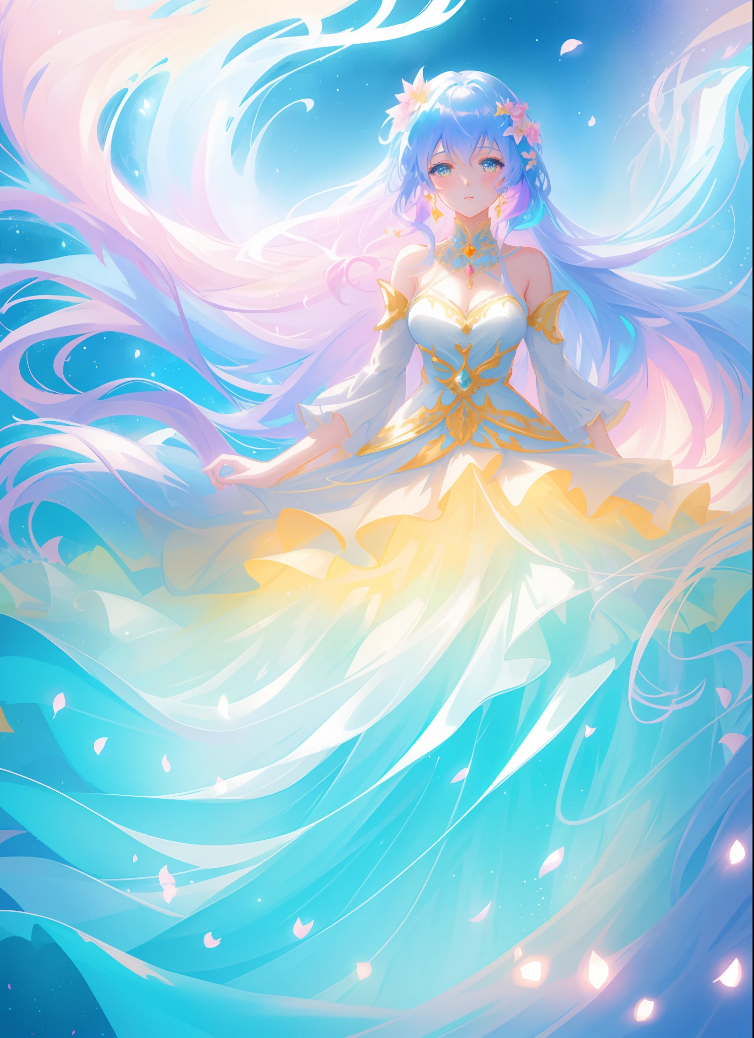 beautiful girl in layered ballgown, flowing long hair, multi-layered ballgown, intricately detailed dress, colorful lights, pastel colors, magical, whimsical, sparkling, inspired by Glen Keane, inspired by Lois van Baarle, disney art style, by Lois van Baarle, glowing aura around her, by Glen Keane, jen bartel, glowing lights! digital painting, flowing glowing hair, glowing flowing hair, beautiful digital illustration, fantasia otherworldly landscape plants flowers, beautiful, masterpiece, best quality, anime disney style