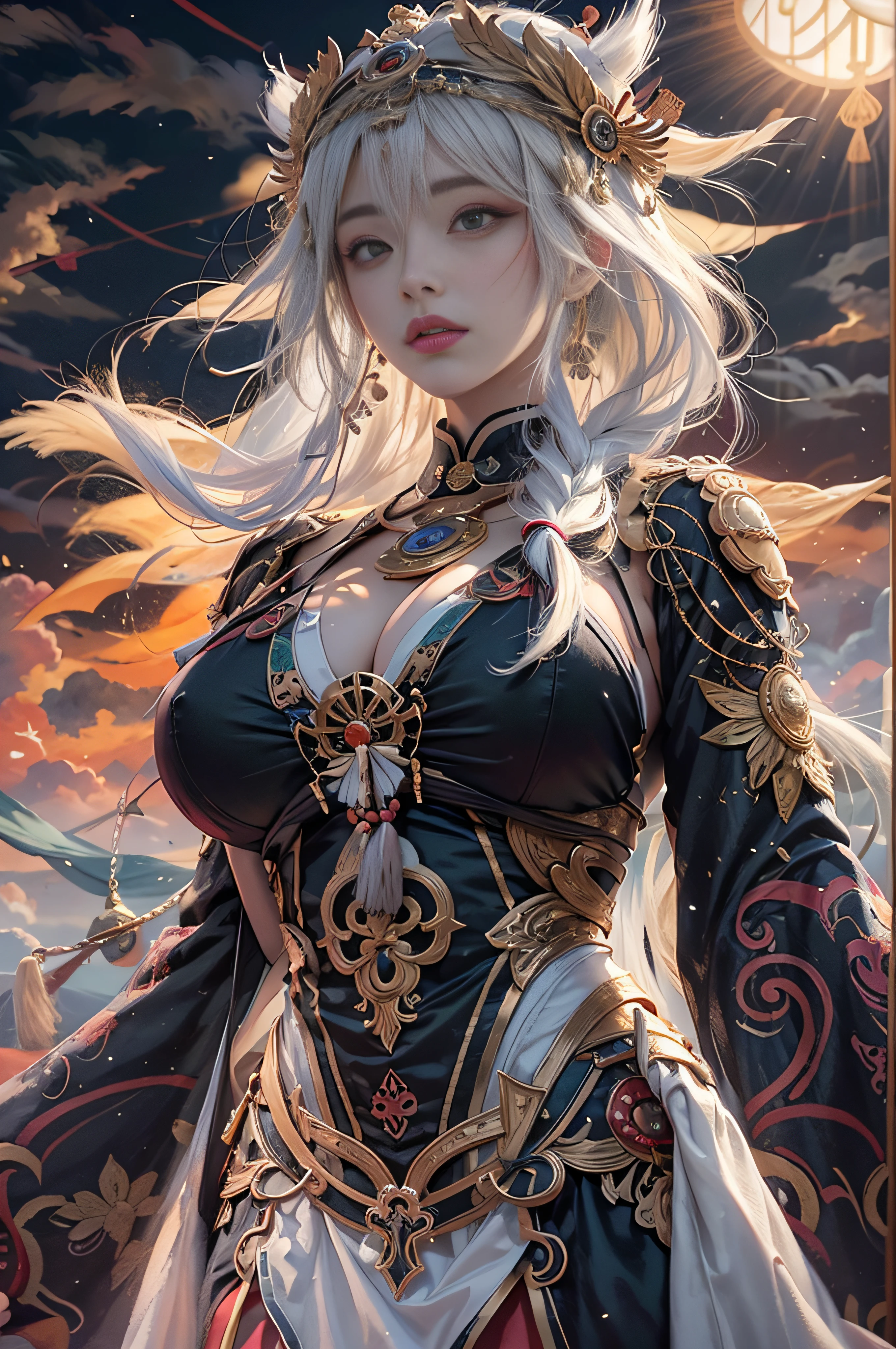 masutepiece, Best Quality,Unity 8k壁纸, ultra-detailliert, Beautiful and aesthetic, Beautiful, Official art, Amaterasu Priestess, SanDisk, Solar Flare Spell, Blessing of the Sun Goddess, ,divine intervention,Colossal tits、full body Esbian、A bell hangs on his chest　　huge udder　High exposure　Black costume　Black Impulse