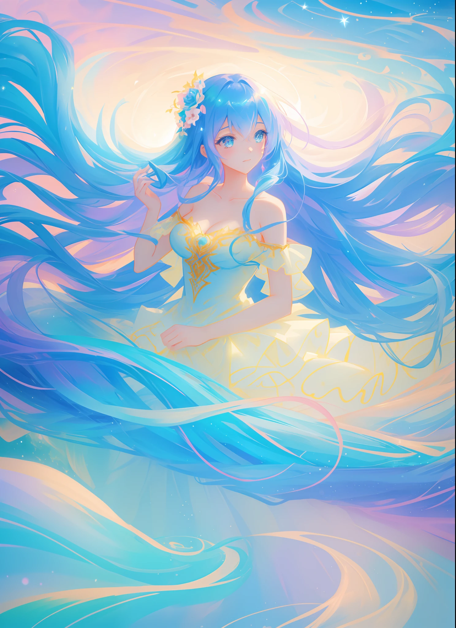 beautiful girl in layered ballgown, flowing long hair, multi-layered ballgown, intricately detailed dress, colorful lights, pastel colors, magical, whimsical, sparkling, inspired by Glen Keane, inspired by Lois van Baarle, disney art style, by Lois van Baarle, glowing aura around her, by Glen Keane, jen bartel, glowing lights! digital painting, flowing glowing hair, glowing flowing hair, beautiful digital illustration, fantasia otherworldly landscape plants flowers, beautiful, masterpiece, best quality, anime disney style