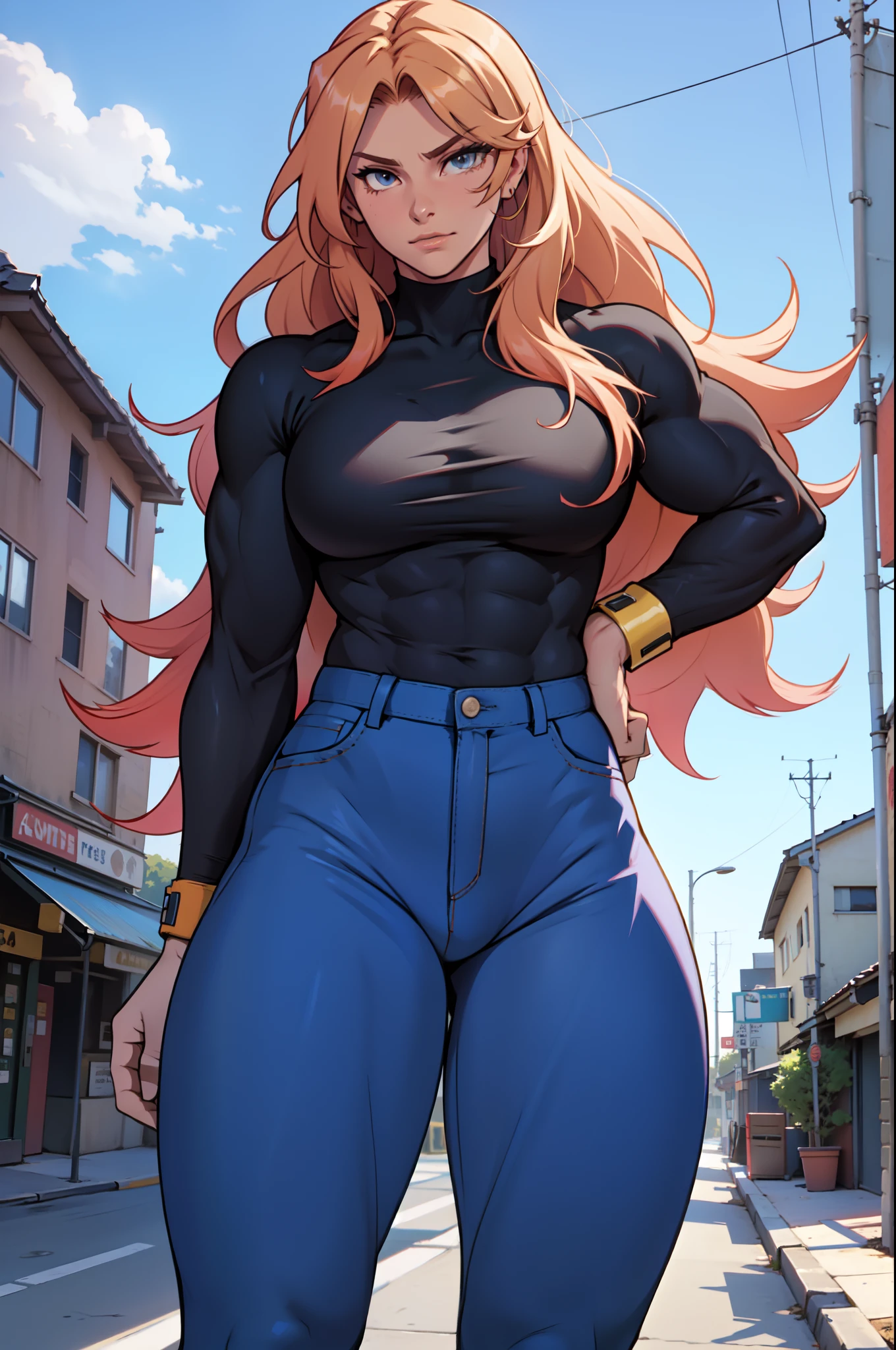extremely long hair perfect anatomy 1 girl tall solo curvy (muscular) tight shirt tight pants cowboy shot