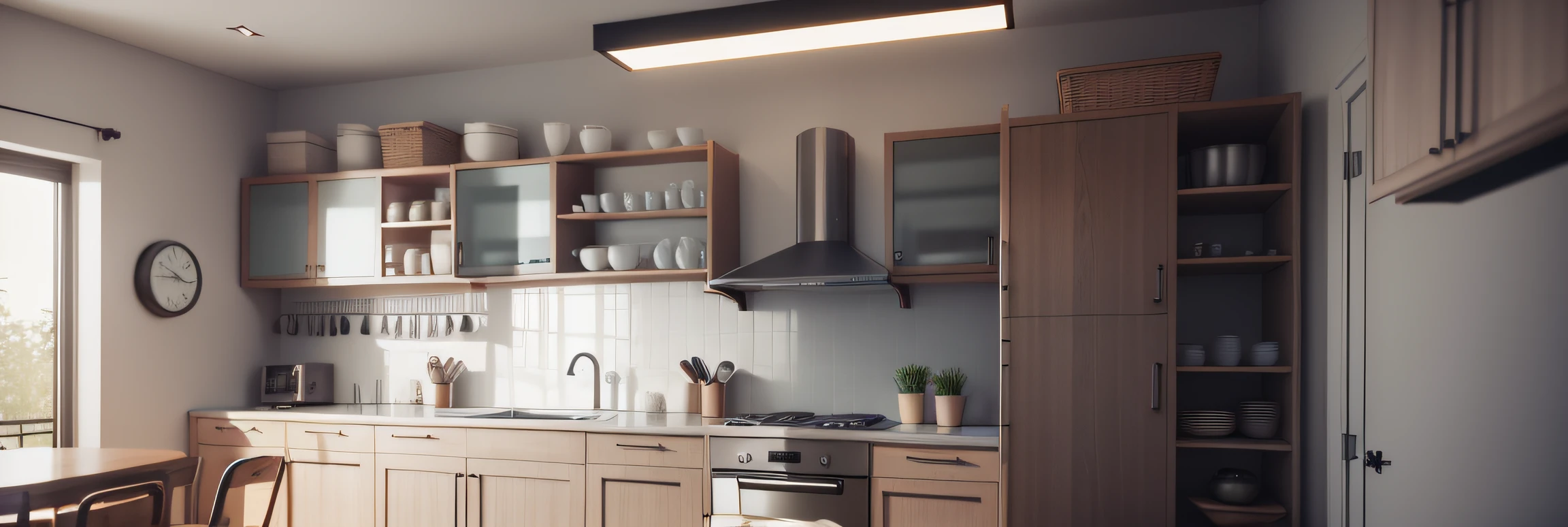 Simple kitchen with several shelves to place plates and glasses,octane render 3D