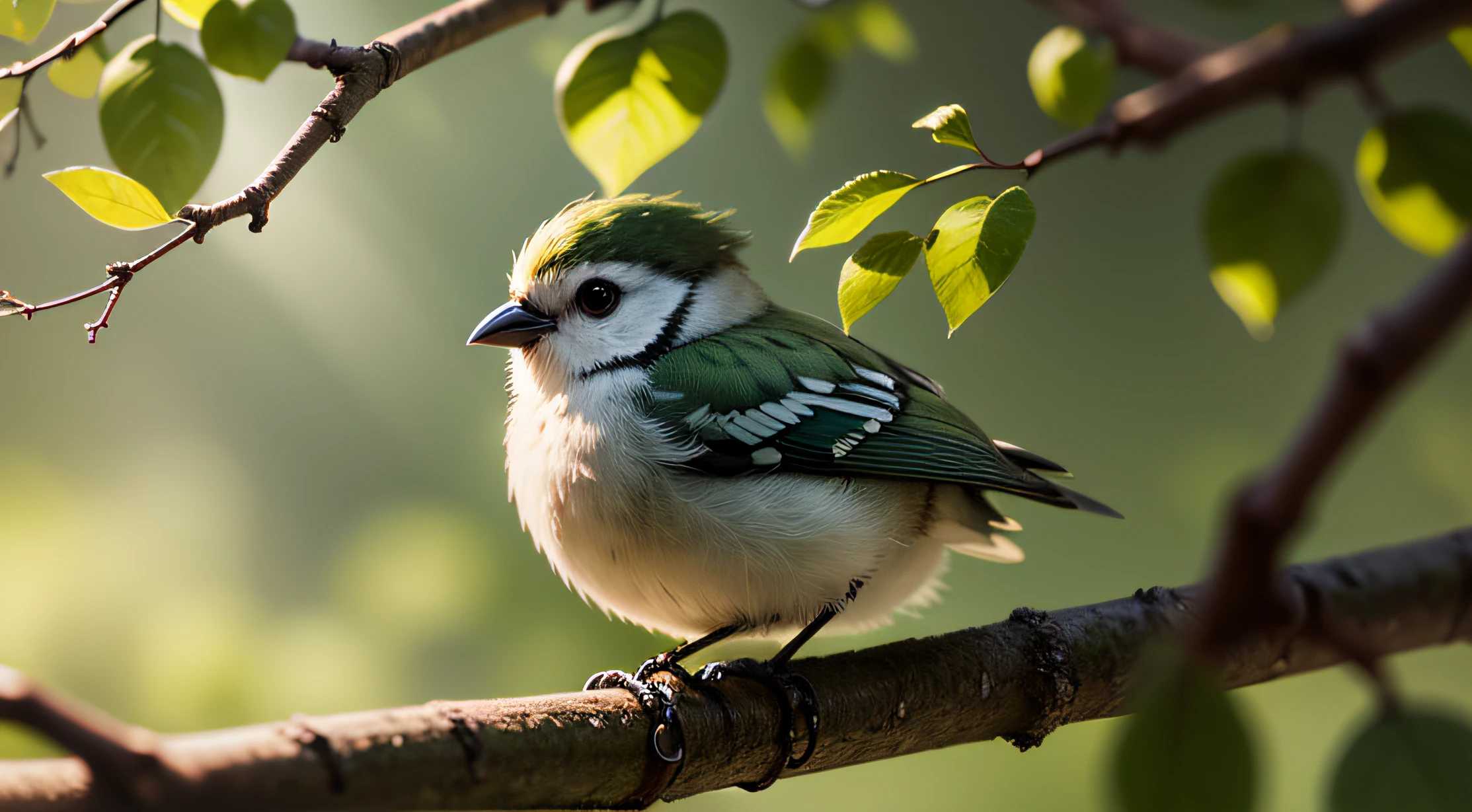 a close shot in the branches of a tree with a bird nest with a little bird on the edge, sunlight, a little bird in the air, happy mood, many trees, realistic, green and lush, lots of undergrowth