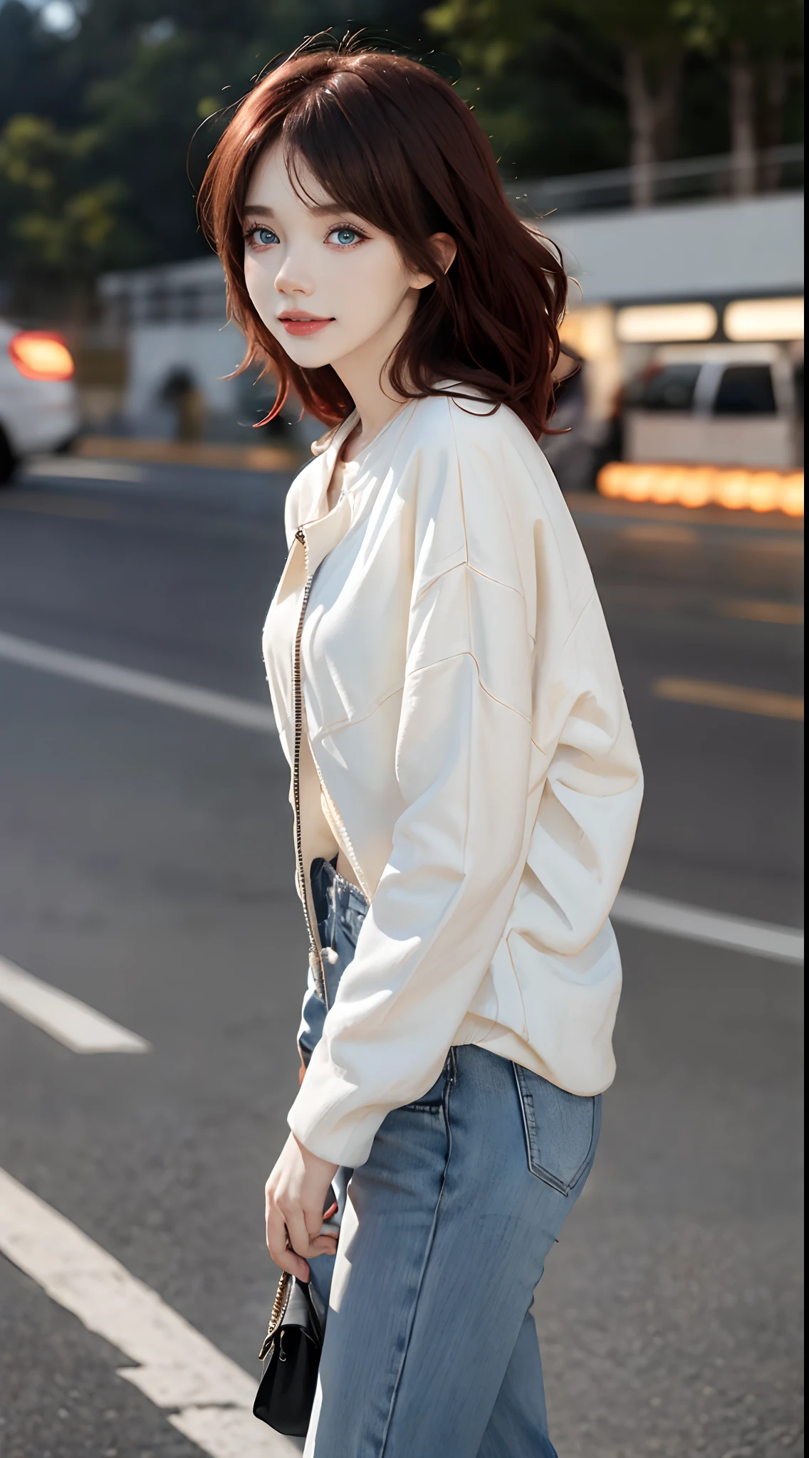 ((4K works))、masterpiece、(top-quality)、1 beutiful girl、Slim body、tall、((Attractive casual clothes in black and white))、(Detailed beautiful eyes)、Take selfies on fashionable highways at night、((Face similar to Carly Rae Jepsen))、((Long boyish red hair))、((Smaller face))、((Neutral face))、((Bright blue eyes))、((American adult women))、((Adult female 26 years old))、((cool lady))、((Like a celebrity))、((Smiling expression))、((Korean Makeup))、((elongated and sharp eyes))、((Happy dating))、((boyish))、((She's walking far away))、Professional Photos