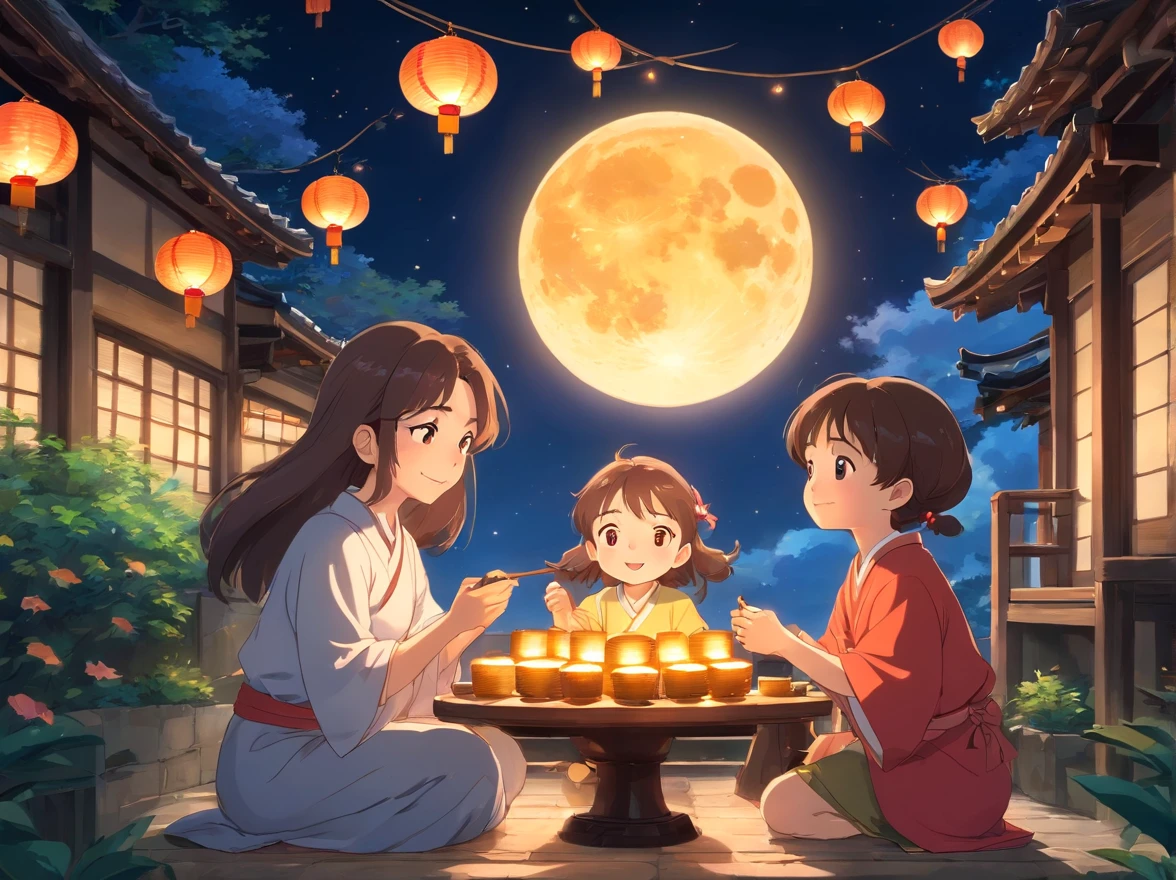 Mid-Autumn Festival，Full moon and stars in sky illustration，The family sits together eating mooncakes,Mom and dad laugh with the kids，Have in the living room、Bright house scene，Stars shine，Colorful，A huge moon floated over the city，KIDS ILLUSTRATION，Glow effect，Dingdall effect，depth of fields，Highlight，Real light，Ray traching，oc rendered，Hyper-realistic，best qualtiy，8K，Works of masters，super-fine，Detailed pubic hair，Correct anatomy，sharp focus on eyes，Bokeh，Carefully drawn facial features，Mother，Make mooncakes，The lantern glows