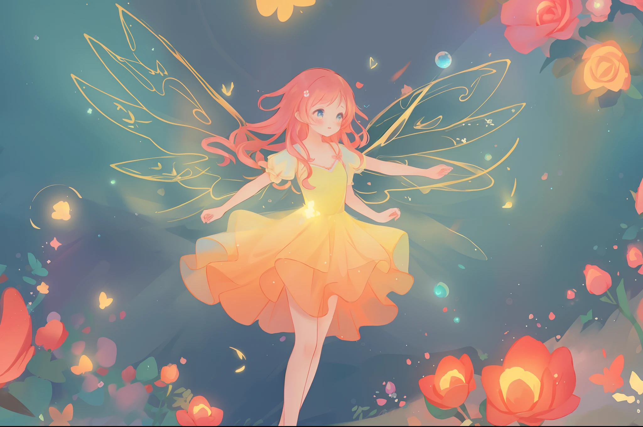 beautiful girl in flowing layered puff long sleeve ballgown, flower fairy, dress that looks like a flower or rose, rose, colorful flowers, inspired by Glen Keane, inspired by Lois van Baarle, disney art style, by Lois van Baarle, glowing aura around her, by Glen Keane, jen bartel, glowing lights! digital painting, flowing glowing hair, glowing flowing hair, beautiful digital illustration, fantasia otherworldly landscape plants flowers, beautiful, masterpiece, best quality, anime disney style, (sharp focus), intricate detail, fine detail, perfection, golden ratio, (fairy wings)