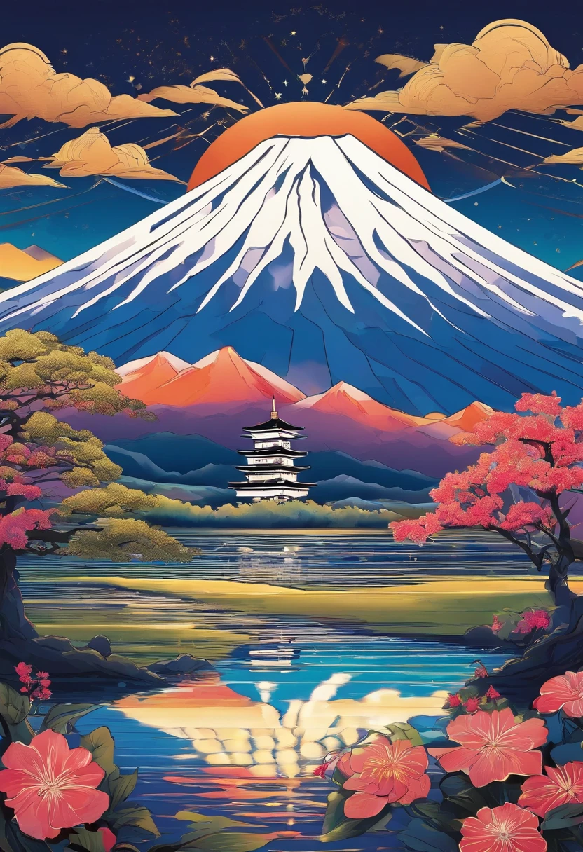 Mount Fuji, Honshu Island, (illustration: 1.0), epic composition, realistic lighting, high-definition detail, masterpiece, best quality, (very detailed CG unified 8k wallpaper), 1 man