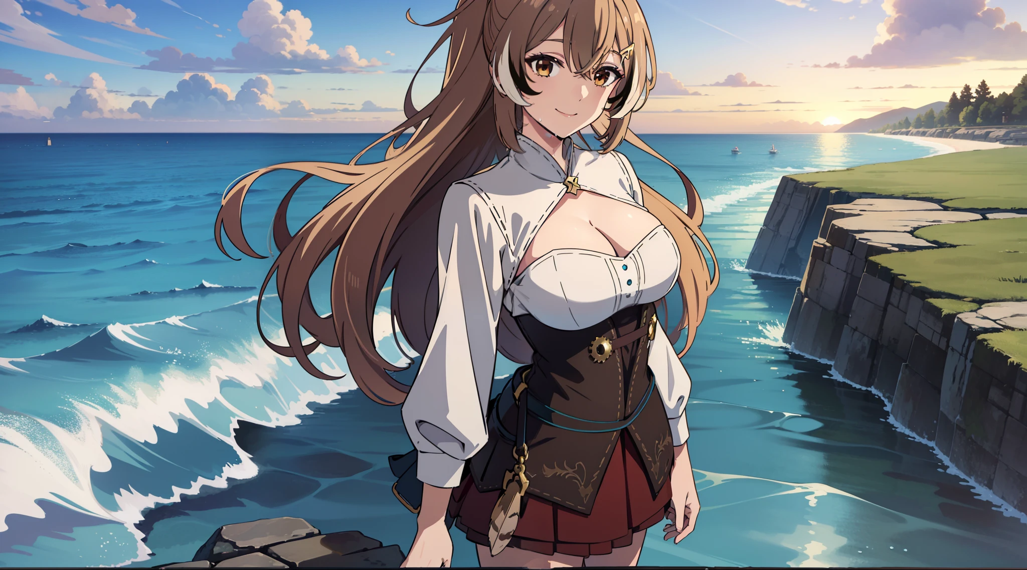 2D, HD, Detailed details, Detailed landscapes, beautiful lights, Beautiful Shadows, top-quality, Highly detailed, masterpiece, best quality, highres, aamumei, long hair, ponytail, ahoge, multicolored hair, feather hair ornament, hairclip, white shirt, brown corset, red skirt, mini breasts, closed mouth, smile, looking at viewer, highly detailed hands, highly detailed eyes, cleavage, Perfect hands, highly detailed face, full body, anime styled, blue sky, sky background, arms behind back, walk on water, sea, backdrop of dawn, horizon, Saturn in the background, wet clothes