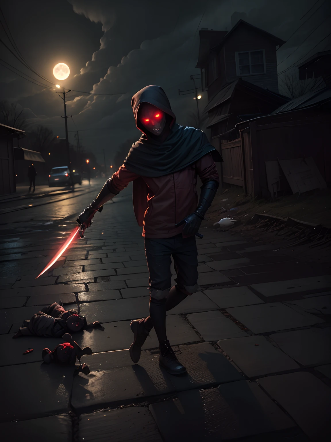 a demonic faceless small humanoid, holding two bladed weapons, scary, horror, night, dark, fall weather, full moon, glowing red eyes, evil, 1600s