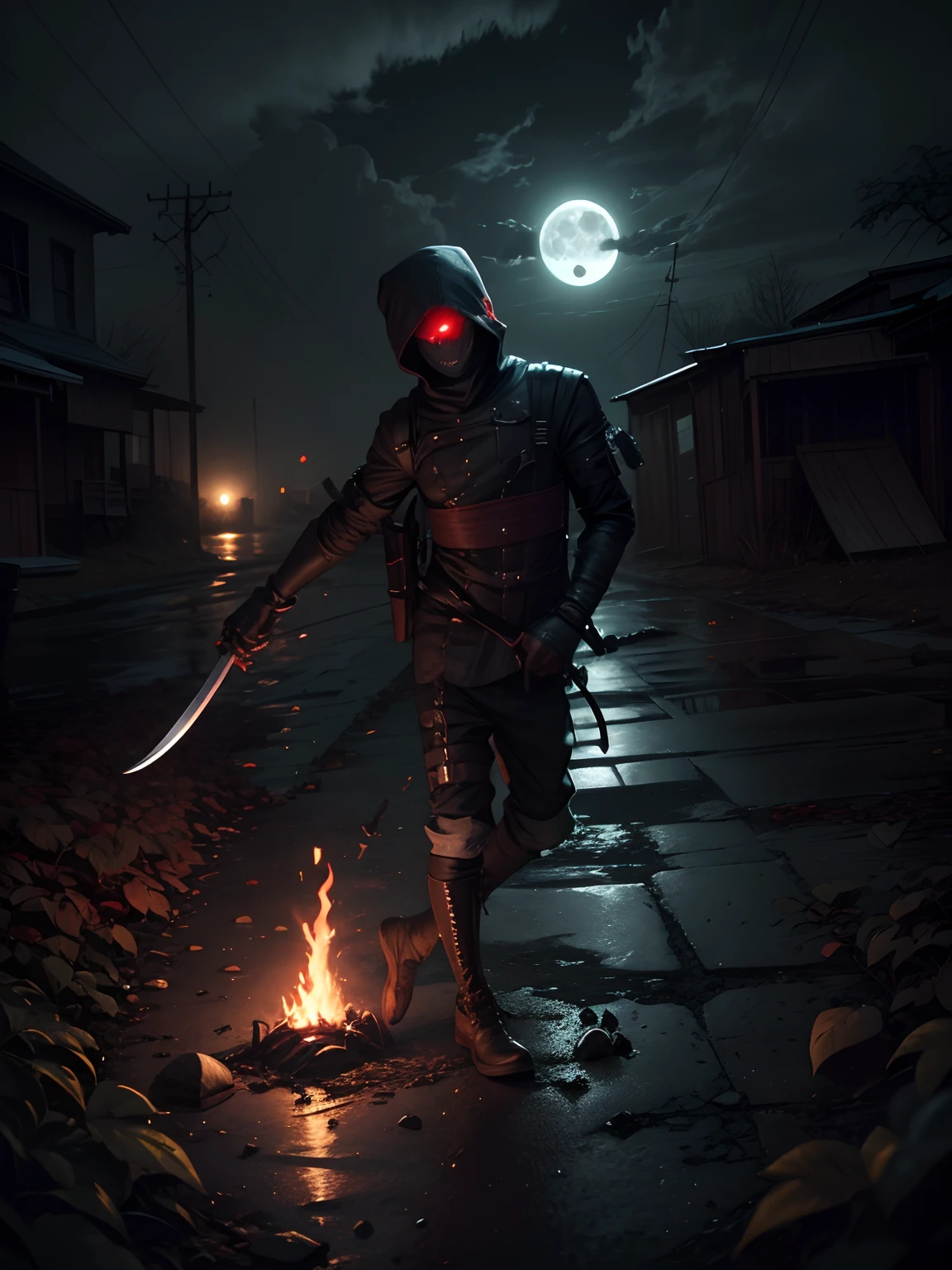 a demonic faceless small humanoid, holding two bladed weapons, scary, horror, night, dark, fall weather, full moon, glowing red eyes, evil, 1600s
