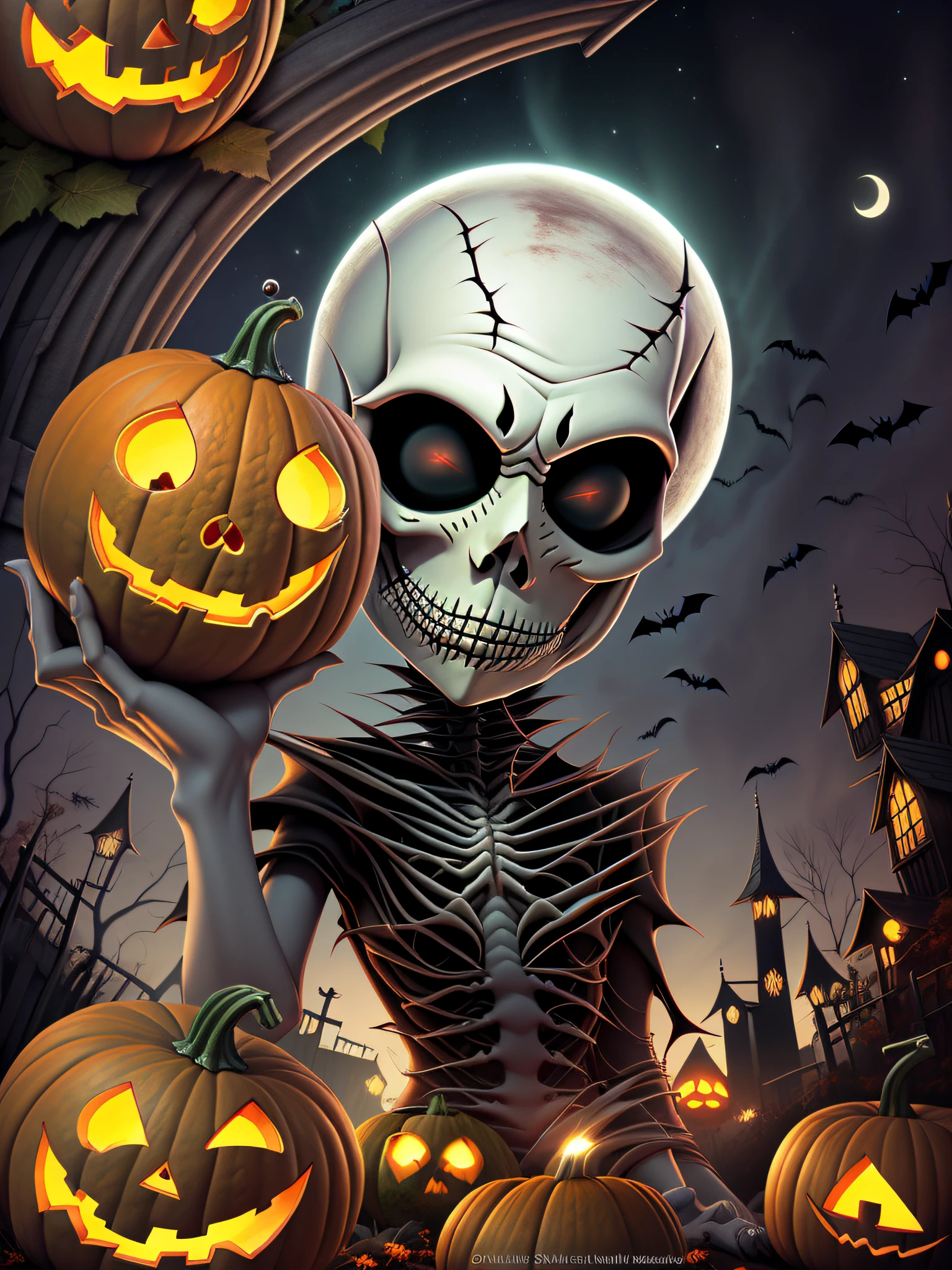 Jack Skellington, rindo, Evil, cidade de halloween, pumpkins, morcegos, fora,