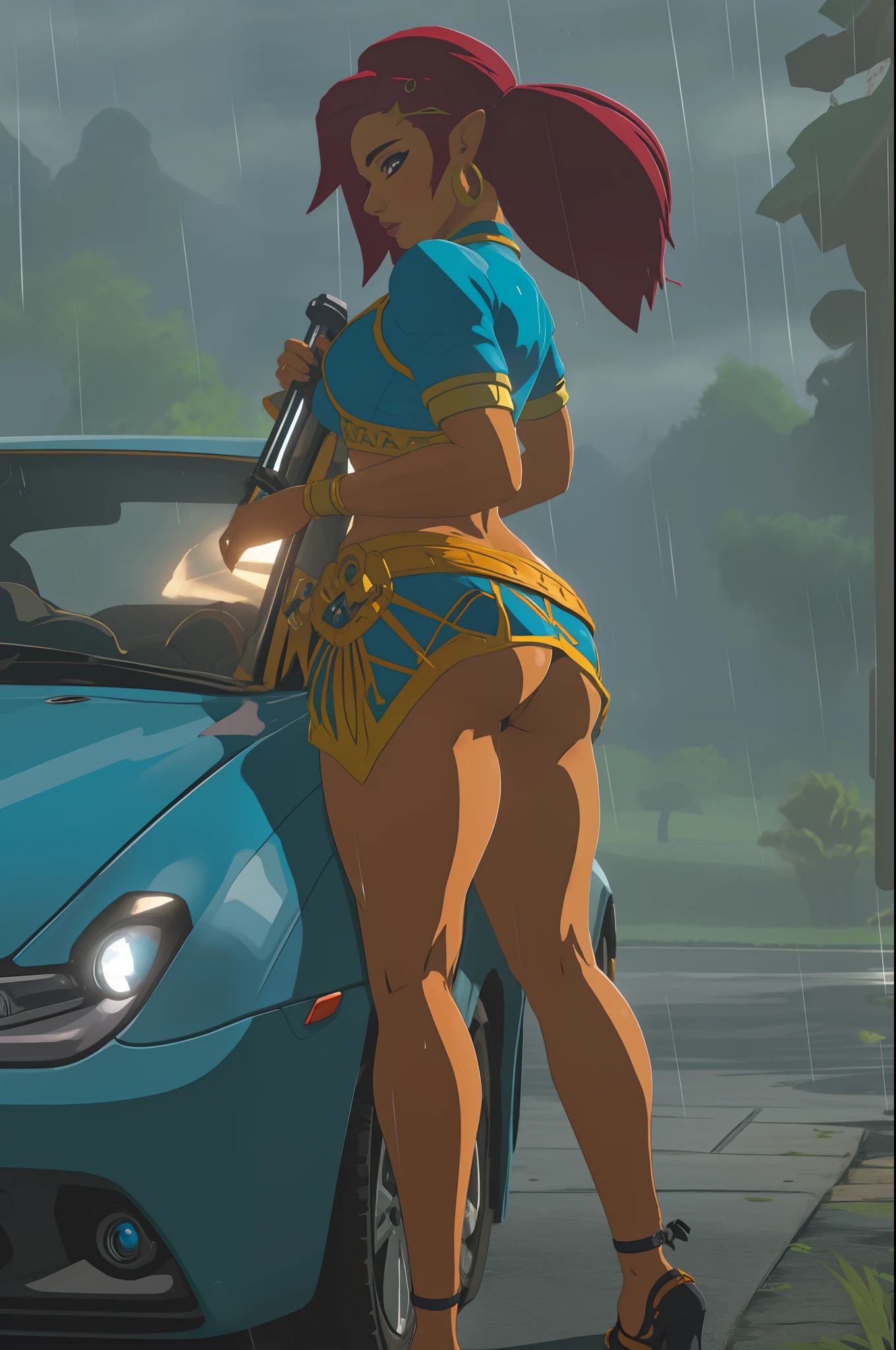 raining provocative thick female rapper sultry low drop flex theighs glutes leaning on car  botw style